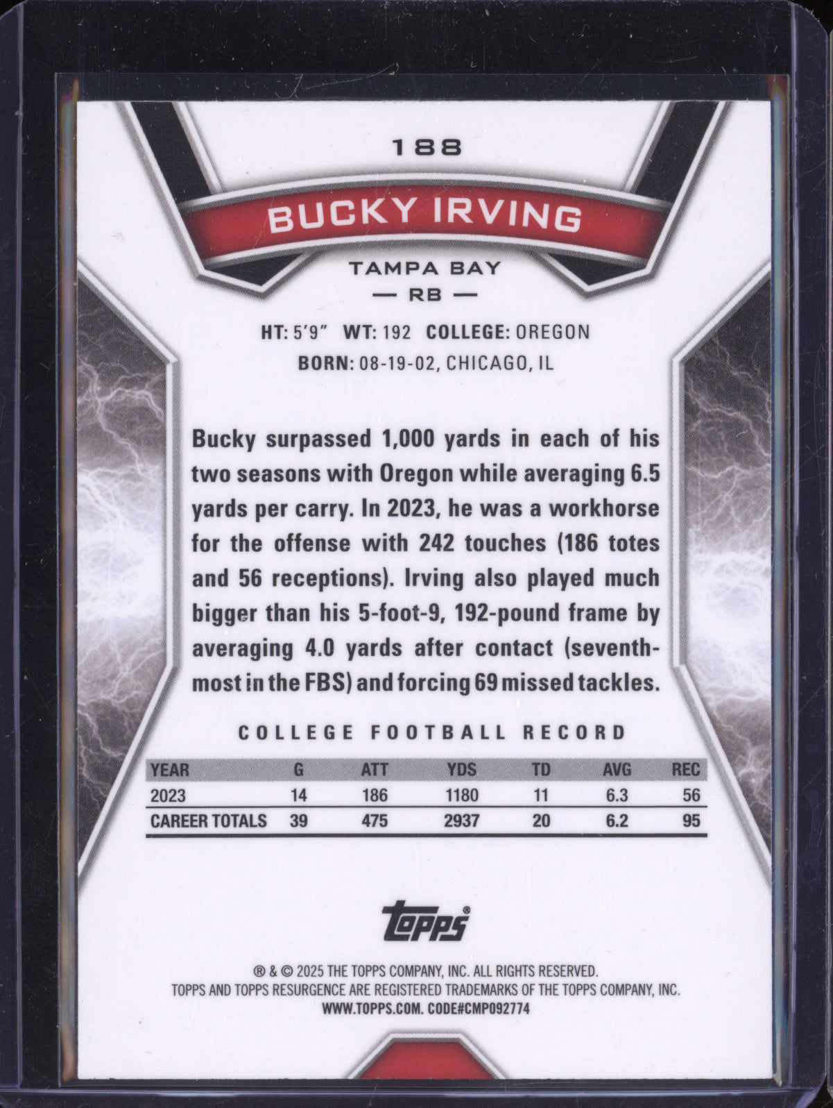 Bucky Irving 2024 Topps Resurgence 188 Blue Surge RC 71/99