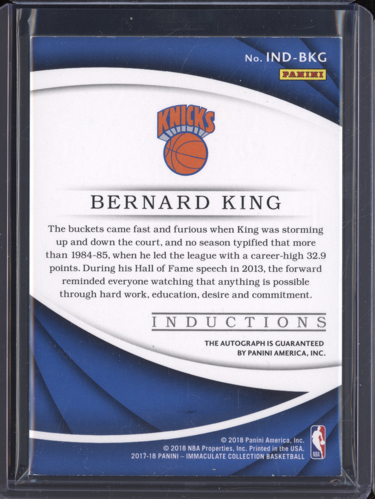 Bernard King 2017-18 Panini Immaculate IND-BKG Inductions Auto 6/49