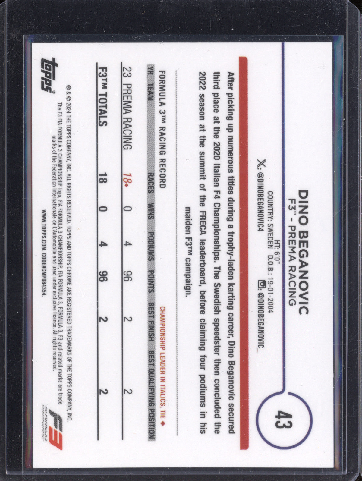 Dino Beganovic 2024 Topps Chrome F1 43 Orange Refractor 17/25