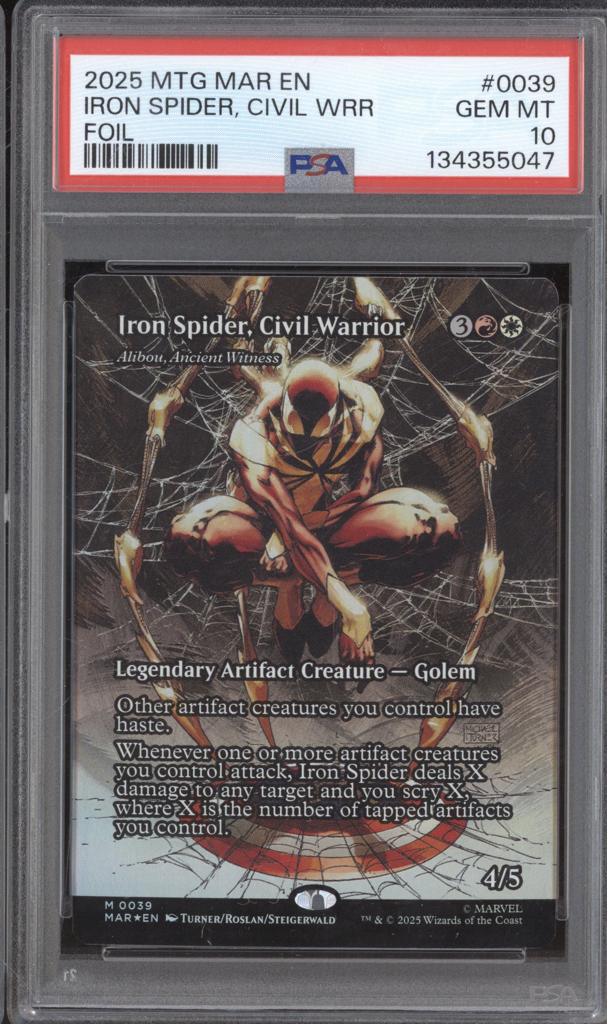 2025 MTG Marvel Spider-Man 0039 Iron Spider, Civil Warrior Foil PSA 10