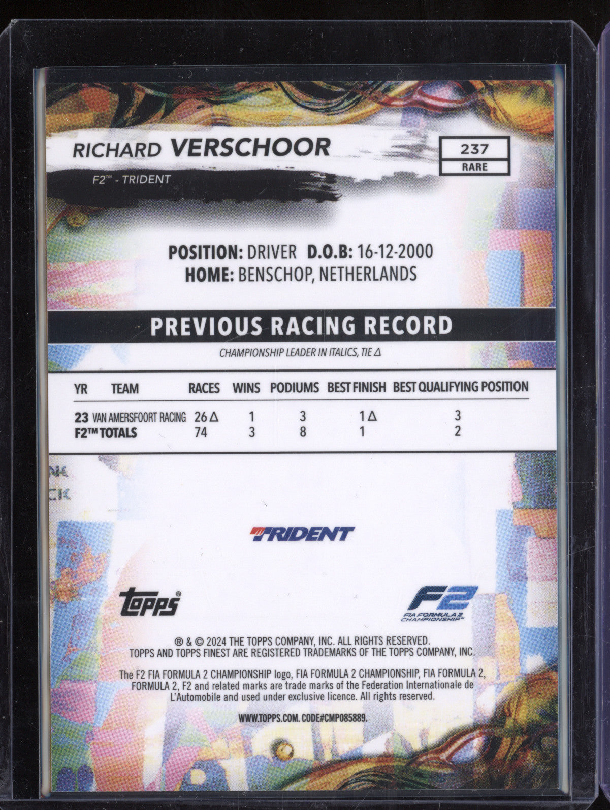 Richard Verschoor 2024 Topps Finest 237 Rare Blue Refractor