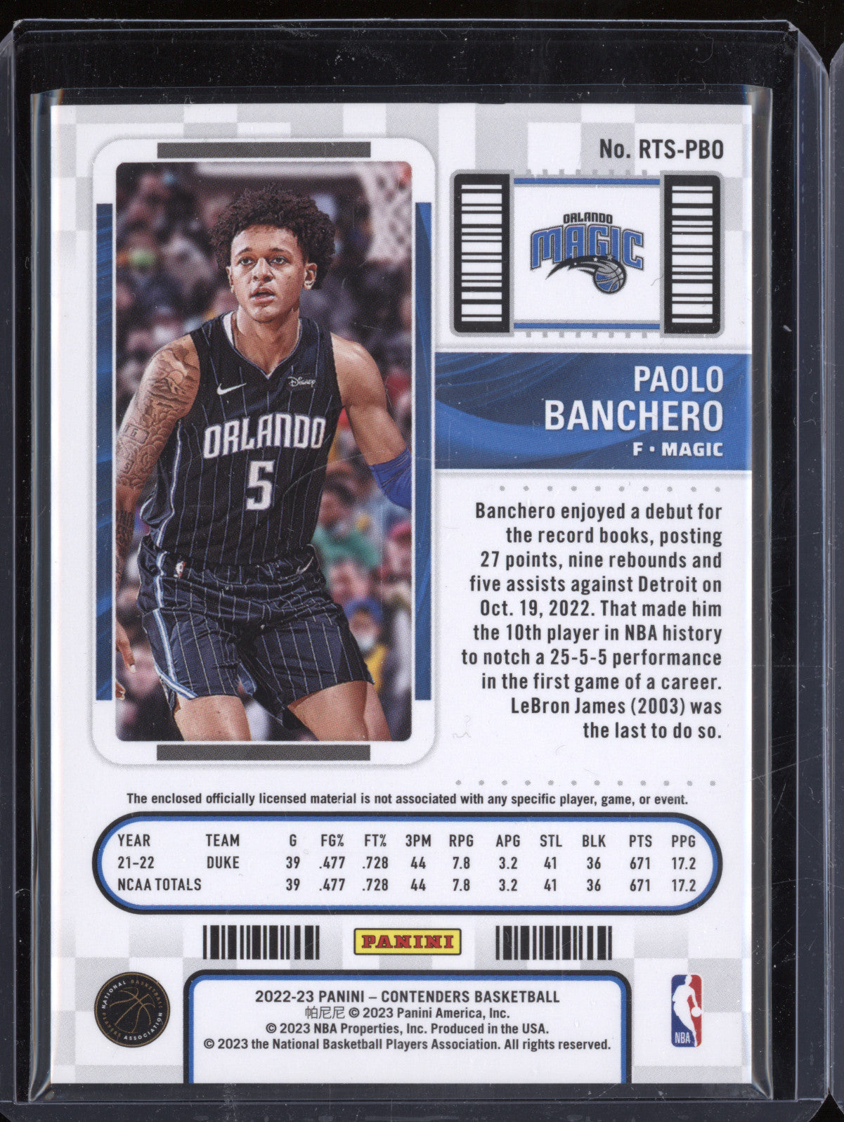 Paolo Banchero 2022-23 Panini Contenders RTS-PBO Rookie Ticket Patch RC