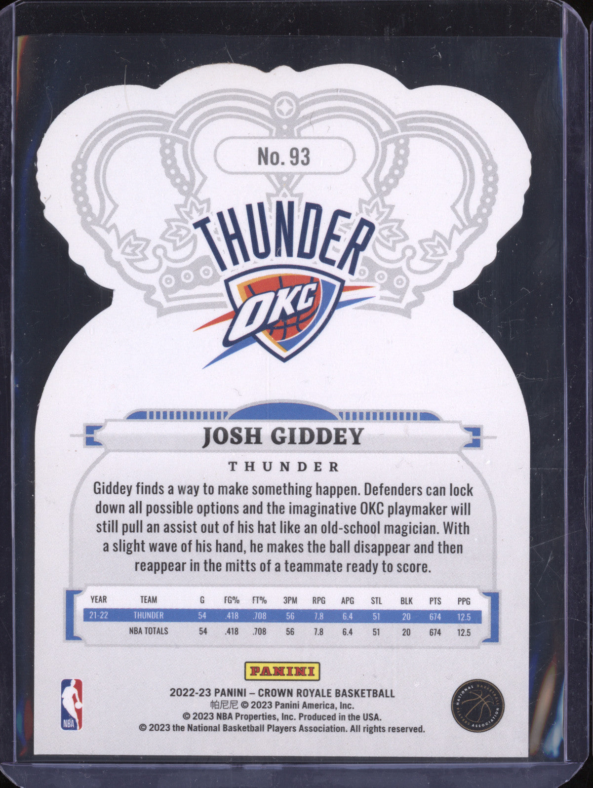 Josh Giddey 2022-23 Panini Crown Royale 93 Cyrstal Blue 69/99