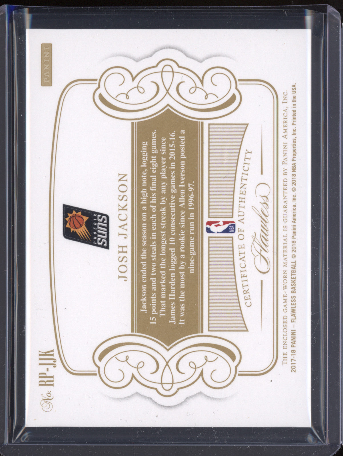 Josh Jackson 2017-18 Panini Flawless RP-JJK Rookie Patches Gold RC 7/10