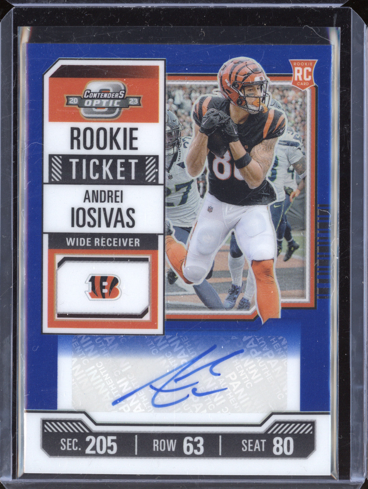Andrei Iosivas 2023 Panini Contenders Optic 144 Rookie Ticket Auto Blue RC 13/75
