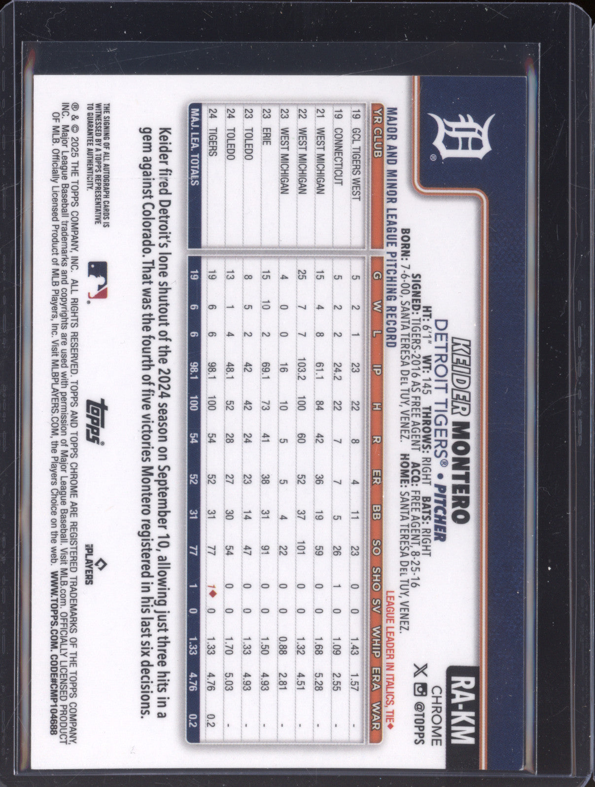 Keider Montero 2025 Topps Chrome Update RA-KM RC Auto