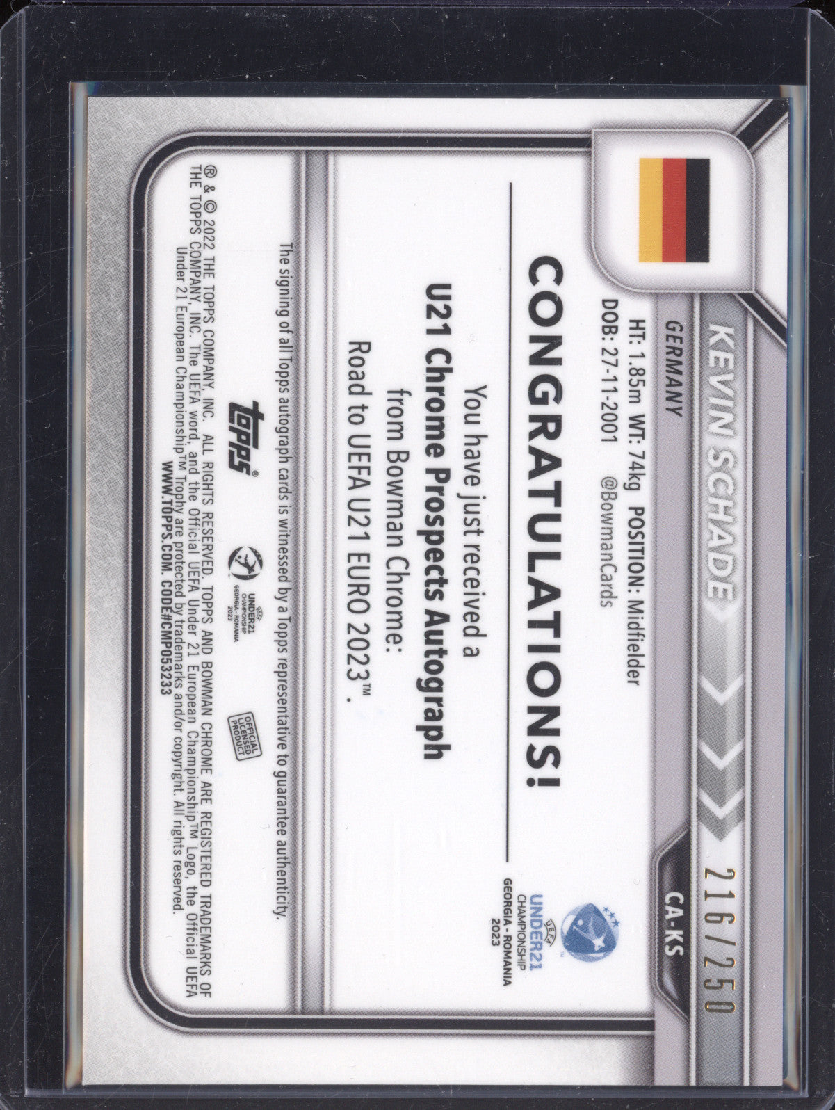 Kevin Schade 2022 Bowman Chrome Under 21 Euro CA-KS 1st Purple Auto RC 216/250