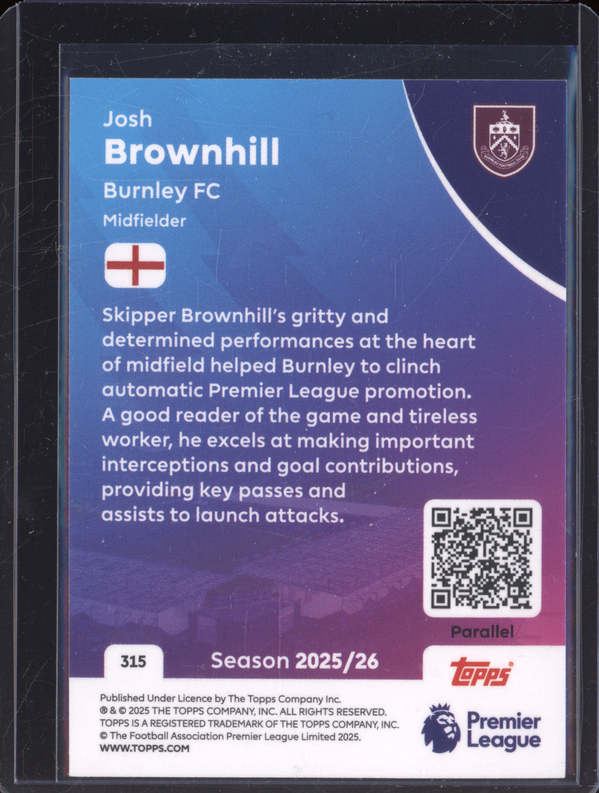 Josh Brownhill 2025-26 Topps Premier League 315 Black & White 50/75