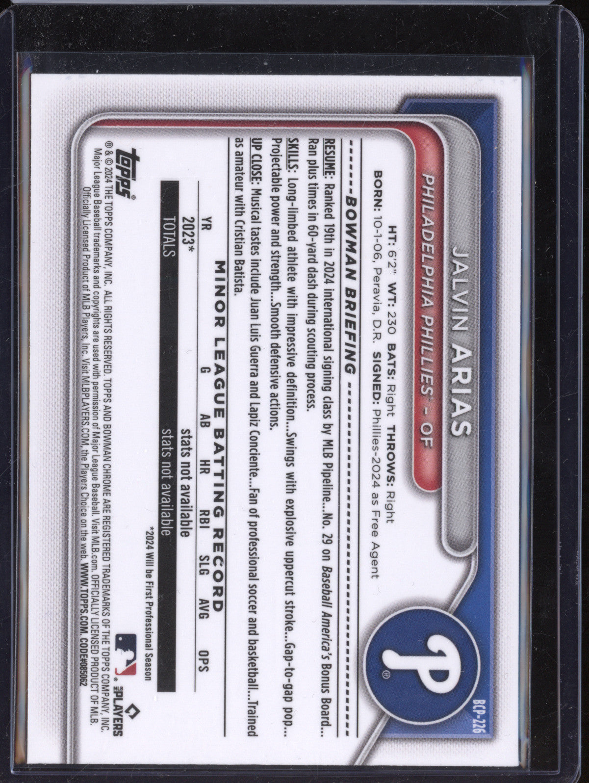 Jalvin Arias 2024 Bowman Chrome BCP-226 Reptillian Blue Refractor 1st RC 148/150