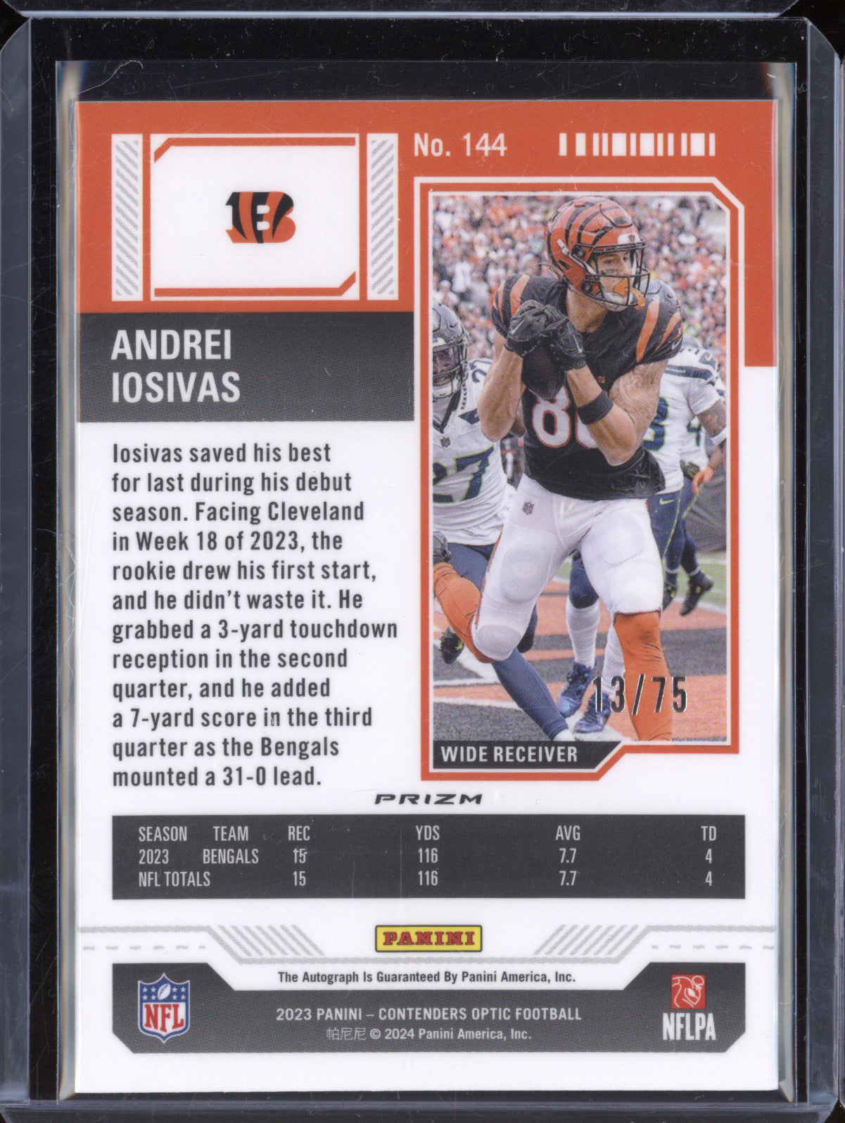 Andrei Iosivas 2023 Panini Contenders Optic 144 Rookie Ticket Auto Blue RC 13/75