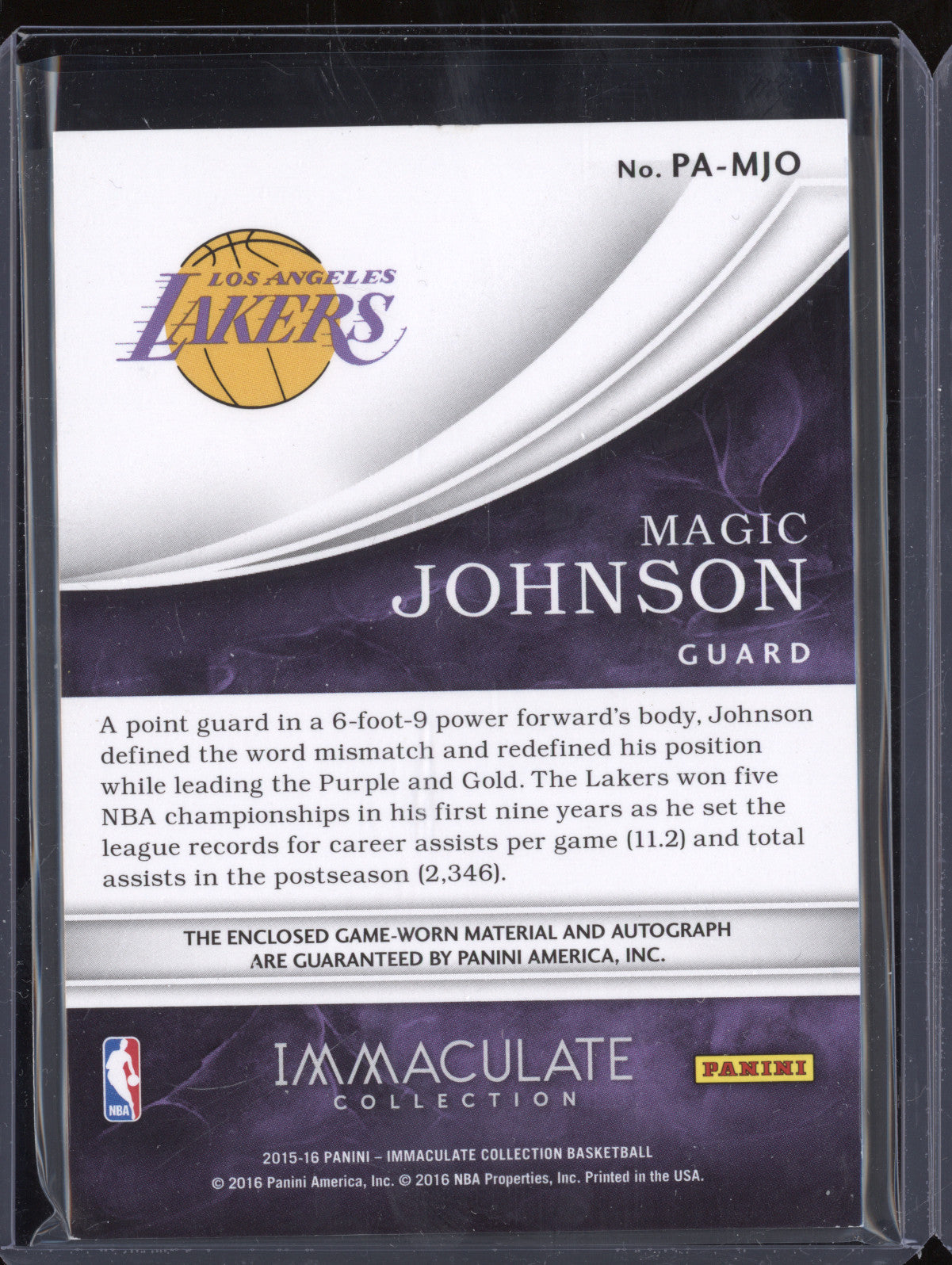 Magic Johnson 2015-16 Panini Immaculate PA-MJO Patch Autograph 23/40