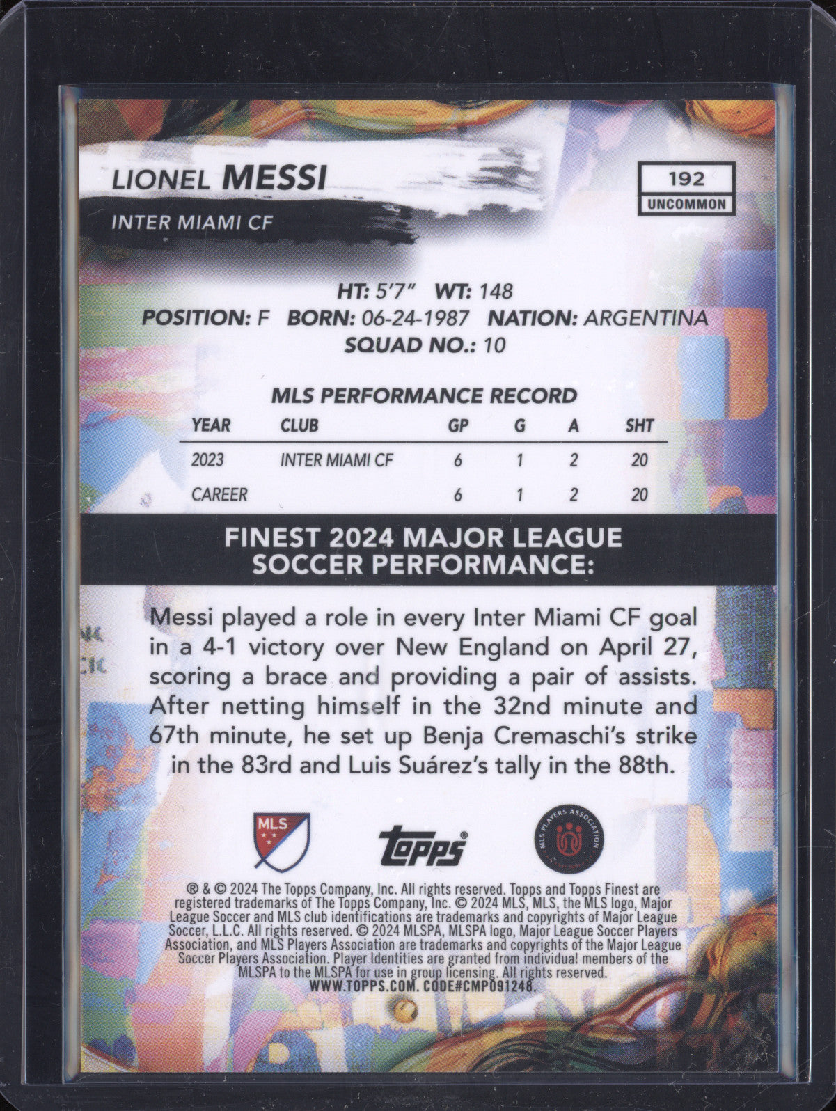 Lionel Messi 2024 Topps Finest MLS 192 Black Refractor 23/25