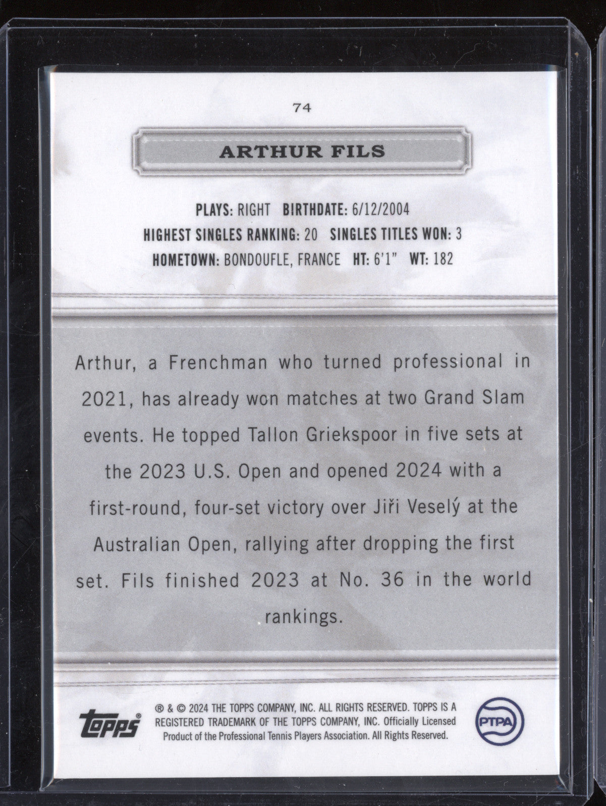 Arthur Fils 2024 Topps Royalty 74 Purple 25/35