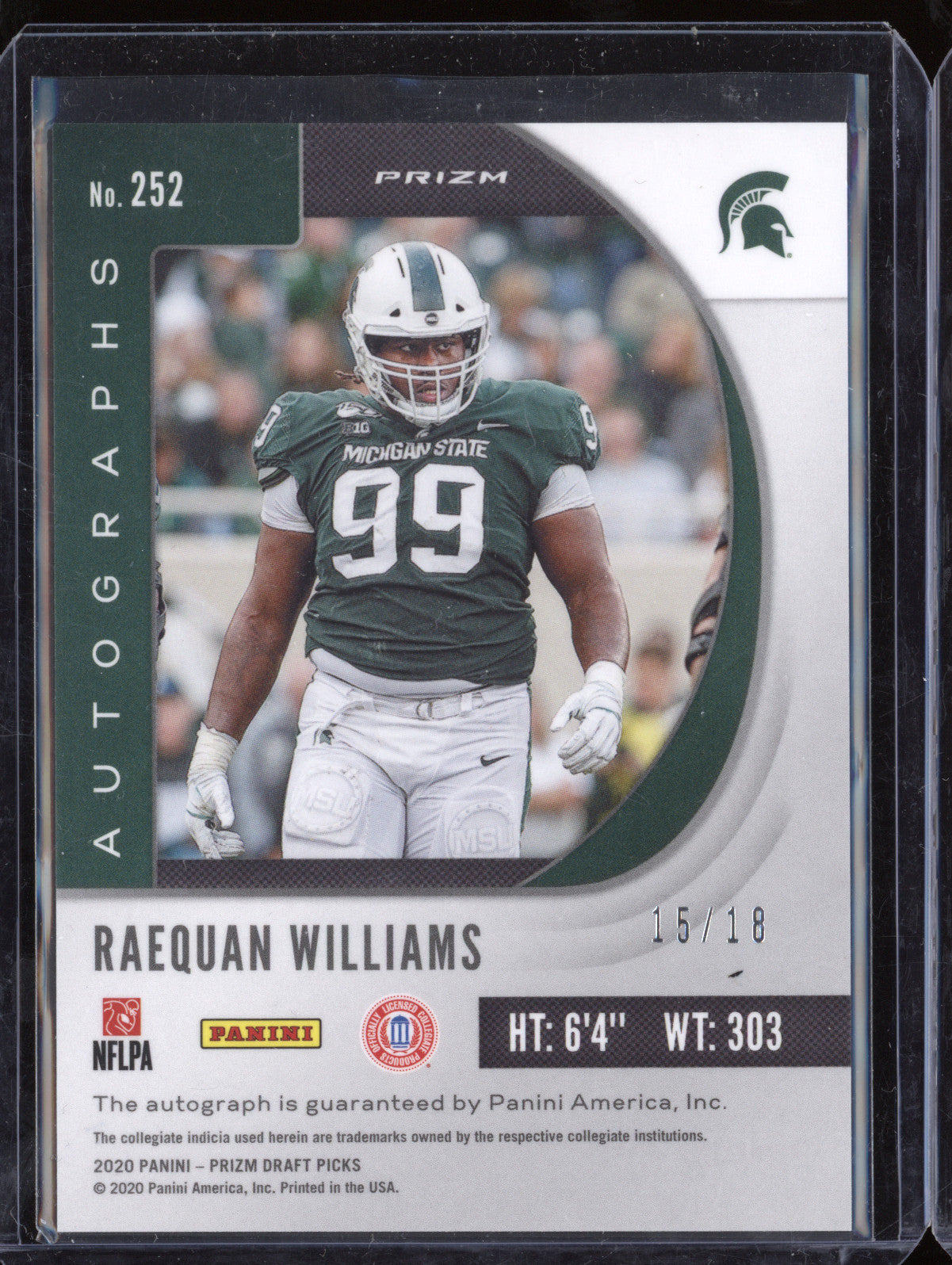 Raequan Williams 2020 Panini Prizm Draft Picks Draft Picks Auto Green Ice RC /18