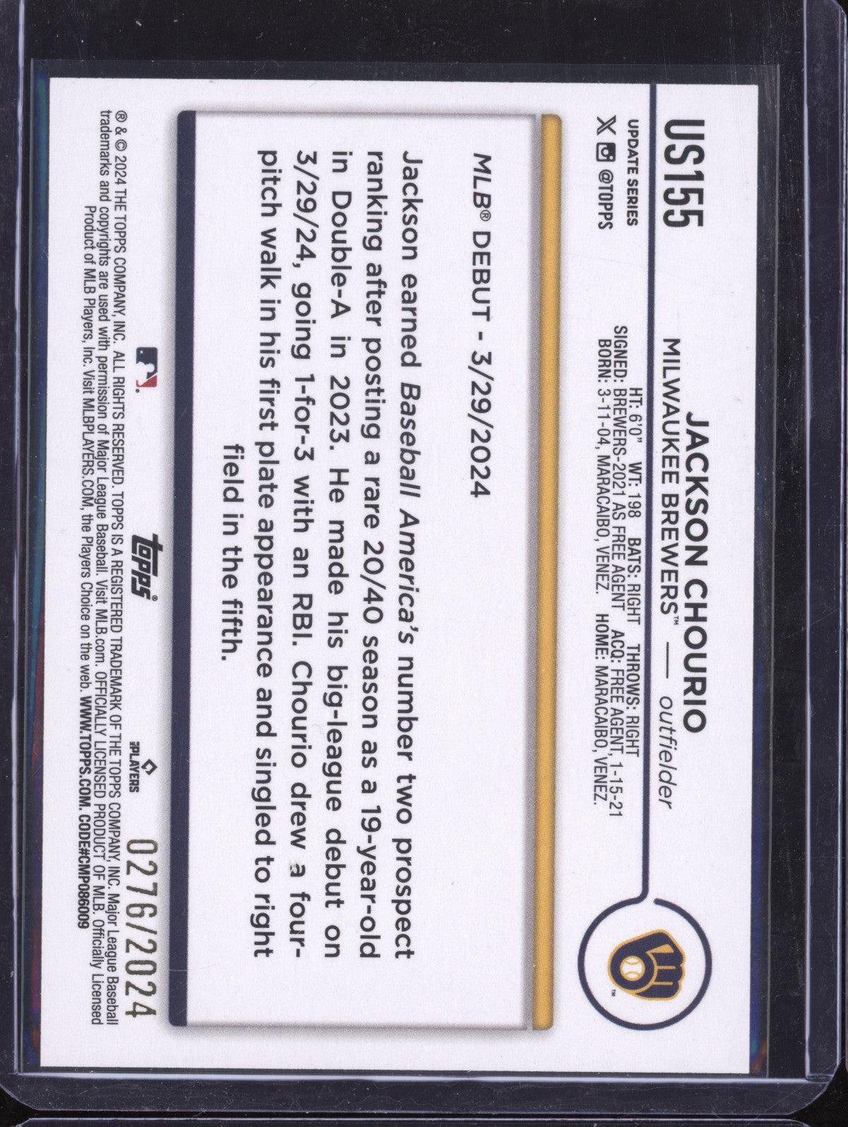 Jackson Chourio 2024 Topps Update Series US155 Gold RC 276/2024