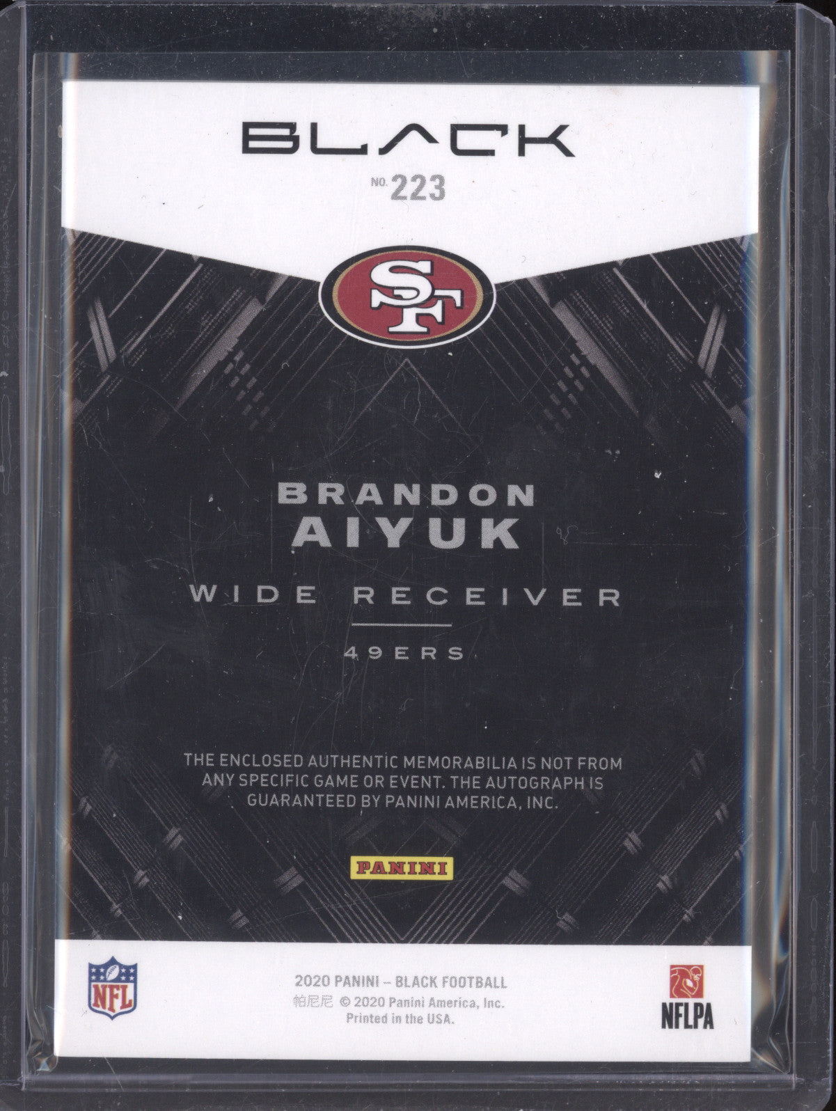 Brandon Aiyuk 2020 Panini Black 223 Rookie Patch Auto RC 169/199