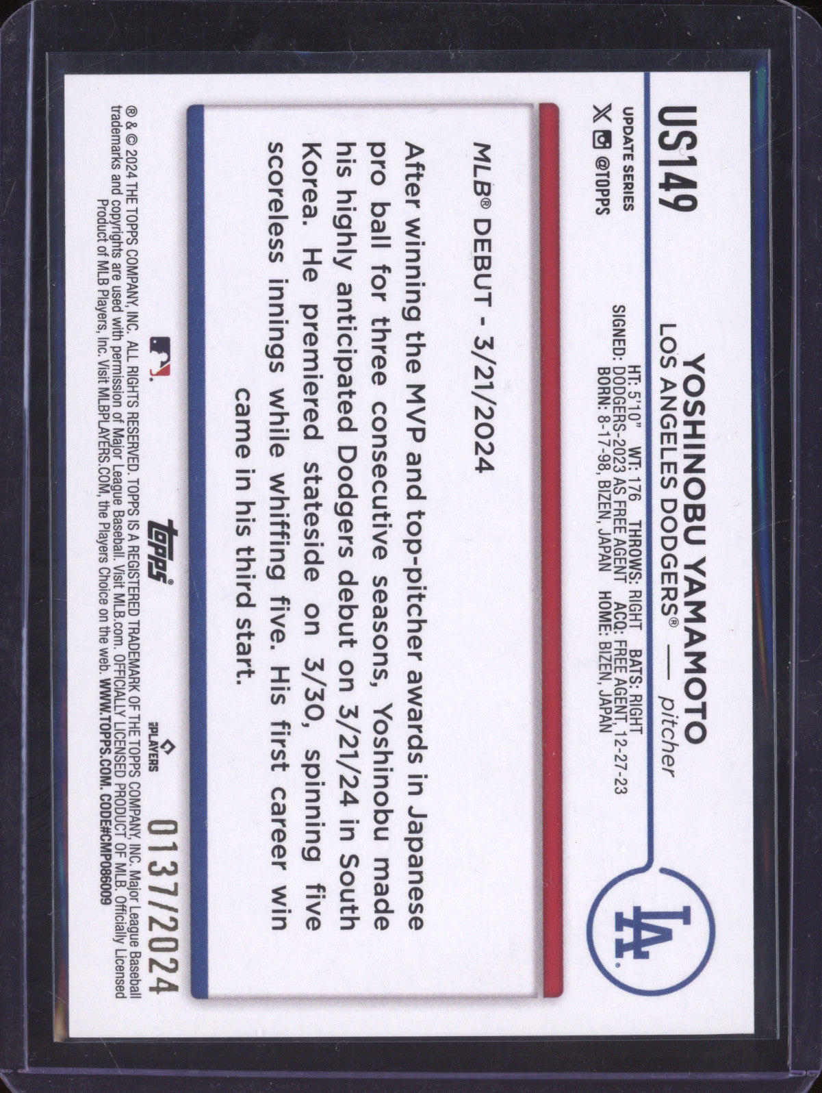 Yoshinobu Yamamoto 2024 Topps Update Series US149 Gold RC 137/2024