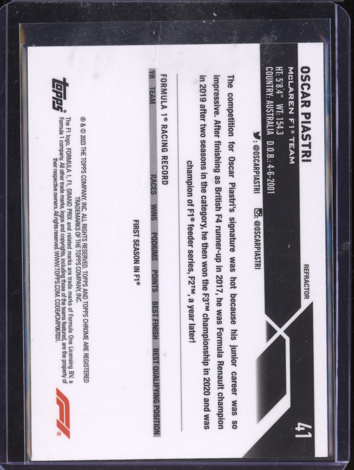 Oscar Piastri 2023 Topps Chrome 41 Refractor RC