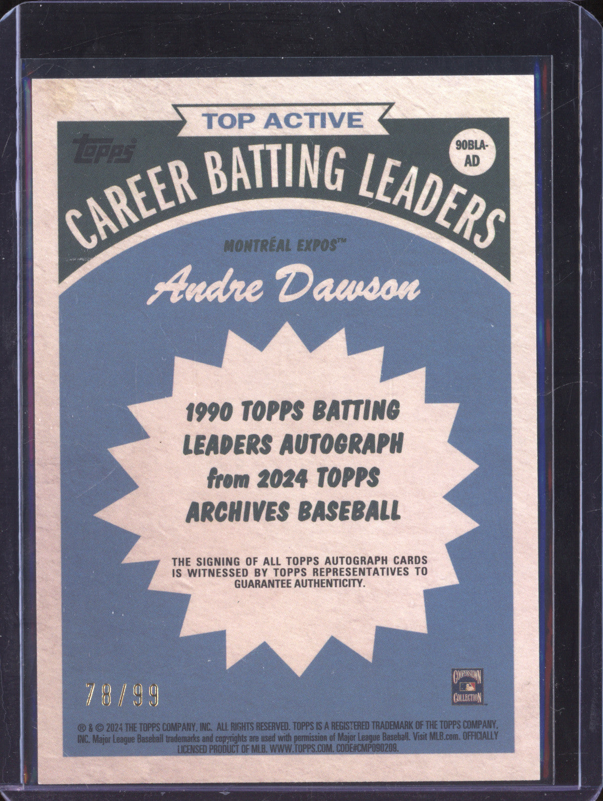 Andre Dawson 2024 Topps Archives 90BLA-AD 1990 Batting Leaders Auto Green 78/99