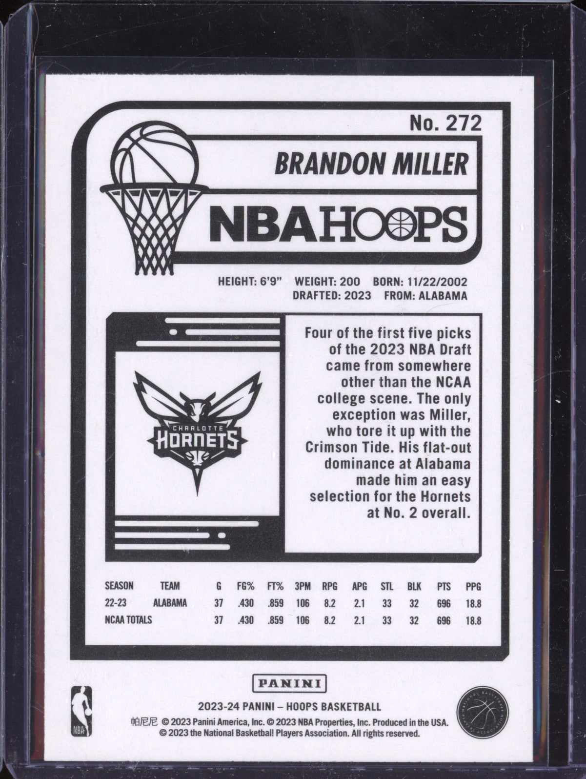 Brandon Miller 2023-24 Panini Hoops 272 Blue Hyper RC