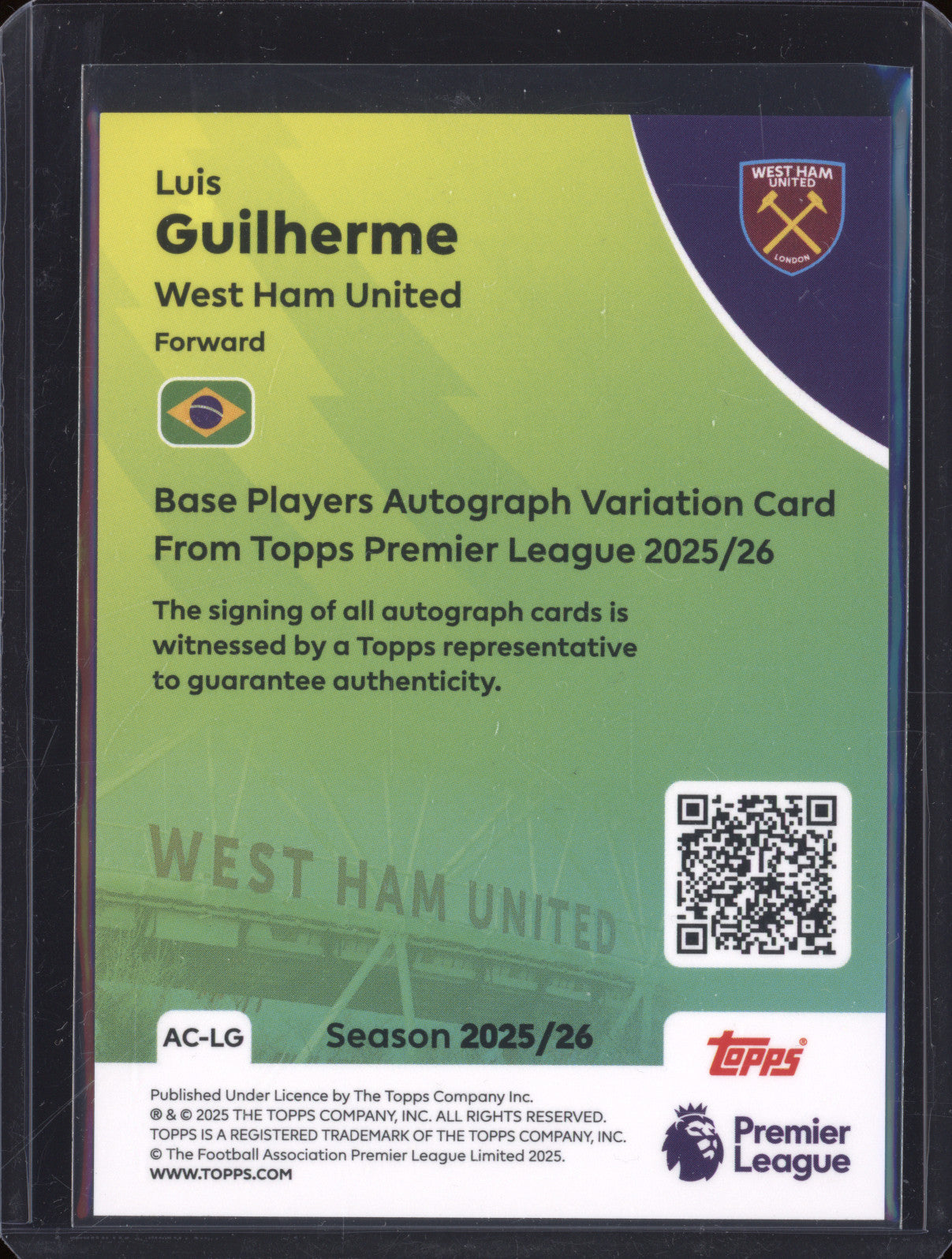 Luis Guilherme 2025-26 Topps Premier League AC-LG Autograph