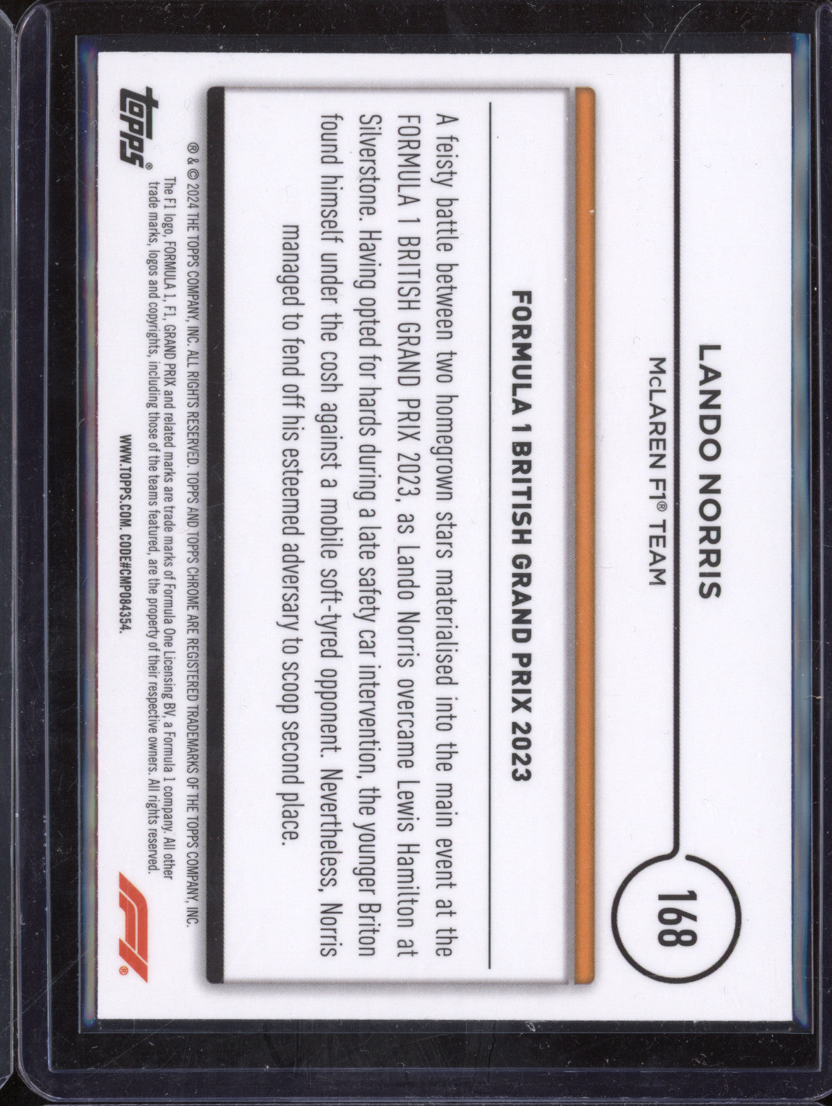 Lando Norris 2024 Topps Chrome F1 168 Gold Checker Flag 31/50