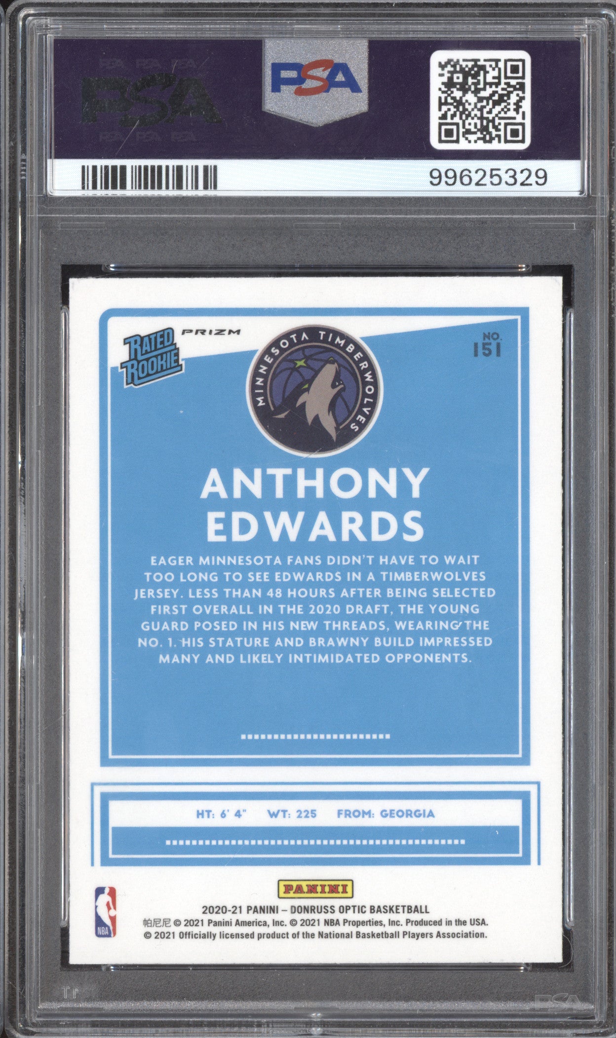 Anthony Edwards 2020-21 Panini Donruss Optic 151 Purple RC PSA 9