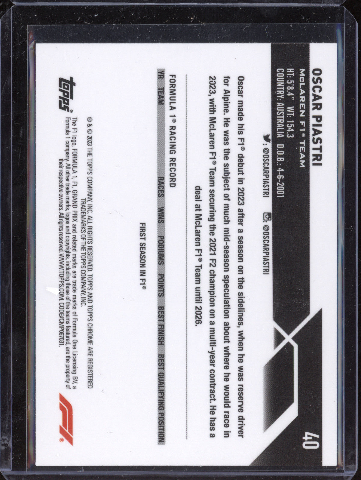 Oscar Piastri 2023 Topps Chrome F1 40 RC