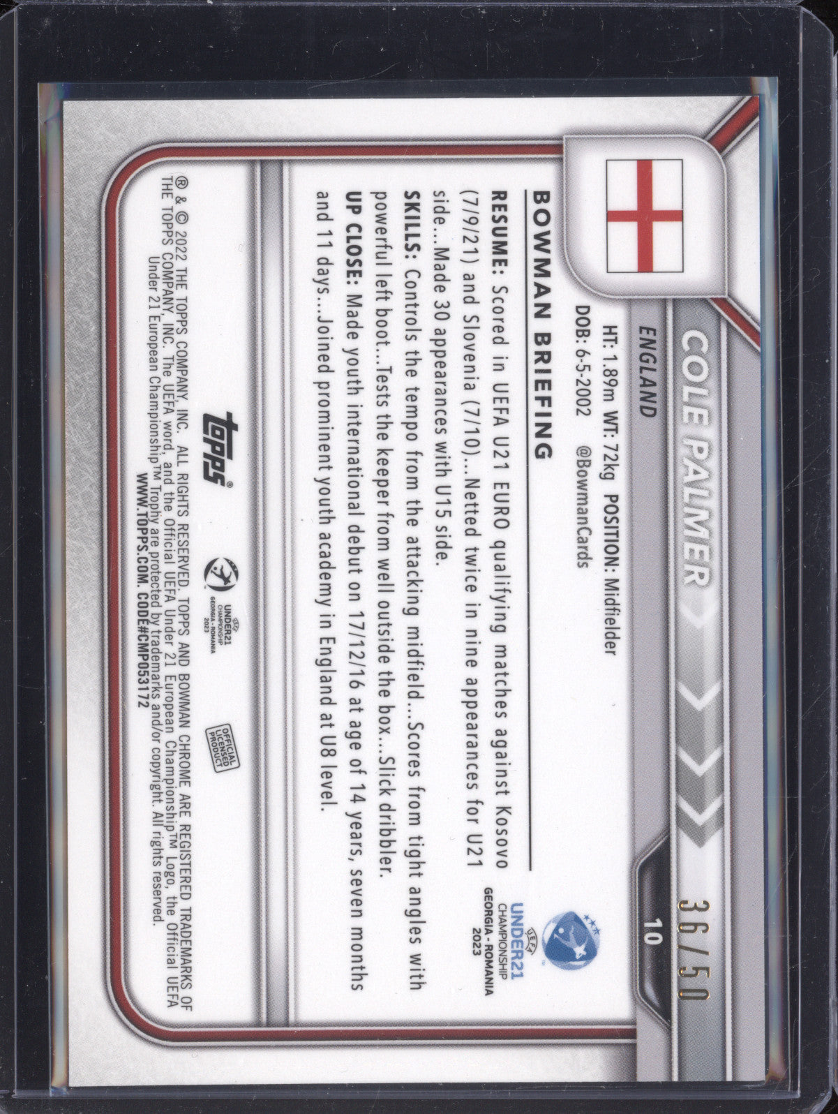 Cole Palmer 2022 Bowman Chrome Under 21 Euro 10 Gold Shimmer RC 36/50