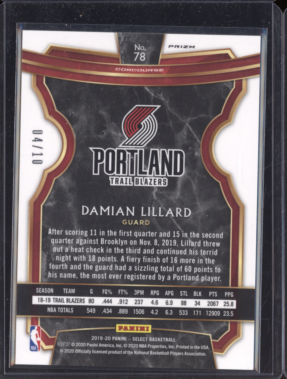 Damian Lillard 2019-20 Panini Select 78 Gold Concourse Fastbreak 04/10
