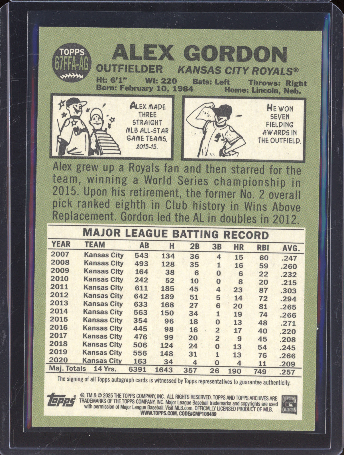 Alex Gordon 2025 Topps Archives 67FFA-AG 1967 Fan Favorites Autographs