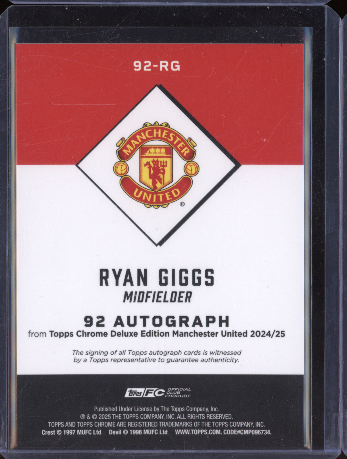 Ryan Giggs 2024-25 Topps Chrome Man Utd 92-RG Class of 92 Auto 70/92