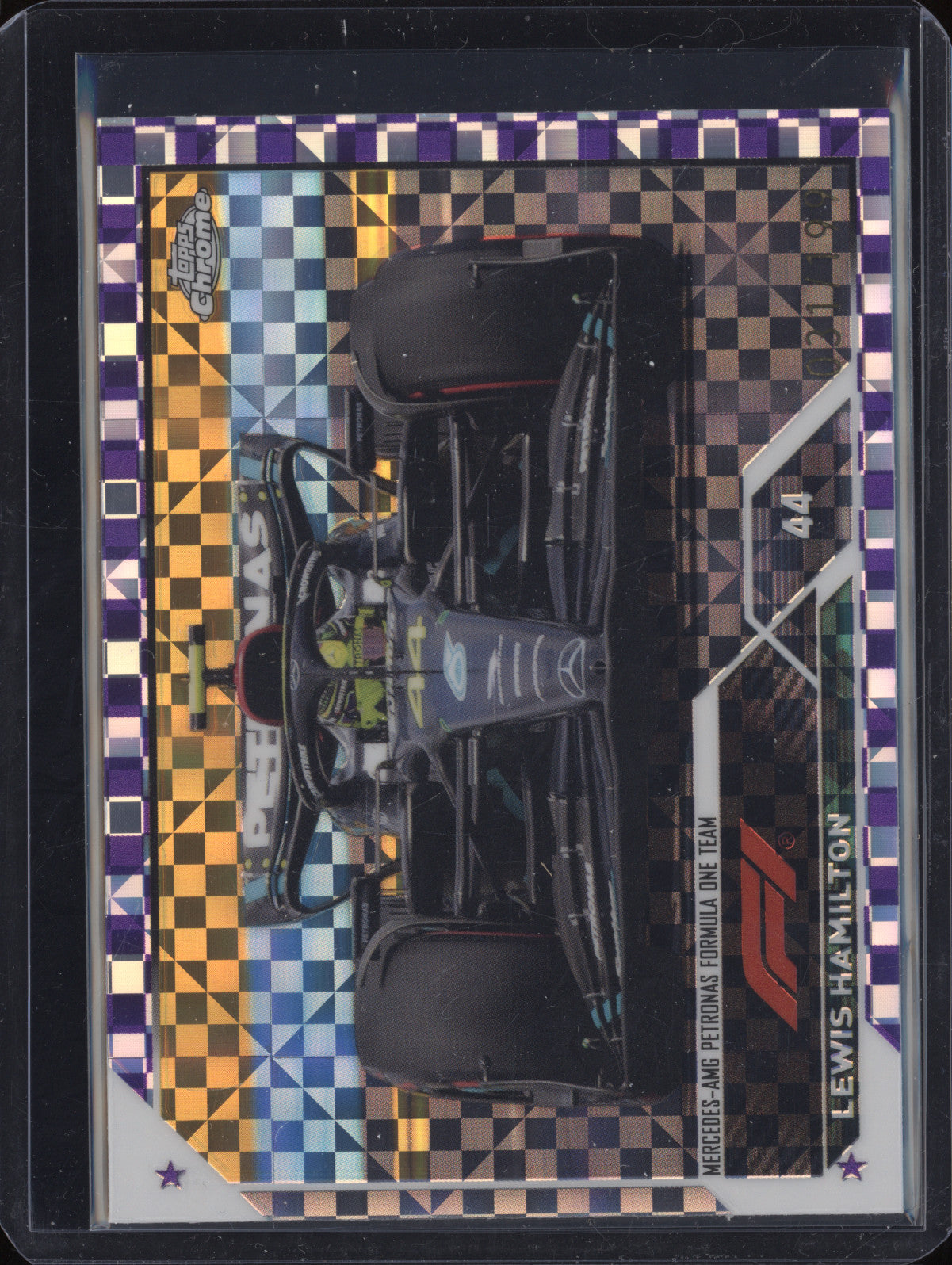 Lewis Hamilton 2023 Topps Chrome F1 104 Purple Checker Flag X-fractor 31/199
