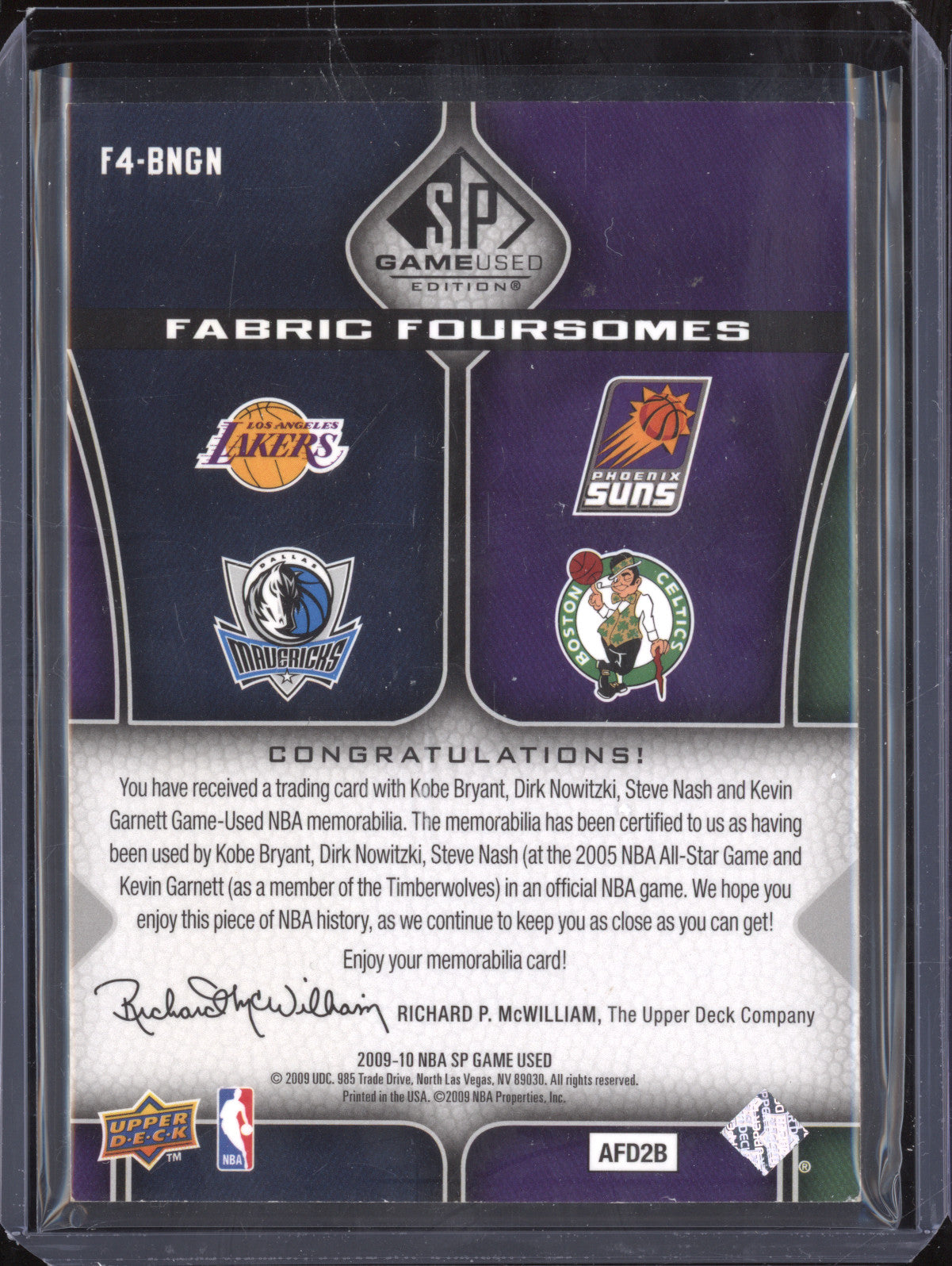 Kobe Dirk Nash Garnett 2009-10 SP Game Used F4-BNGN Fabric Foursomes 95/199