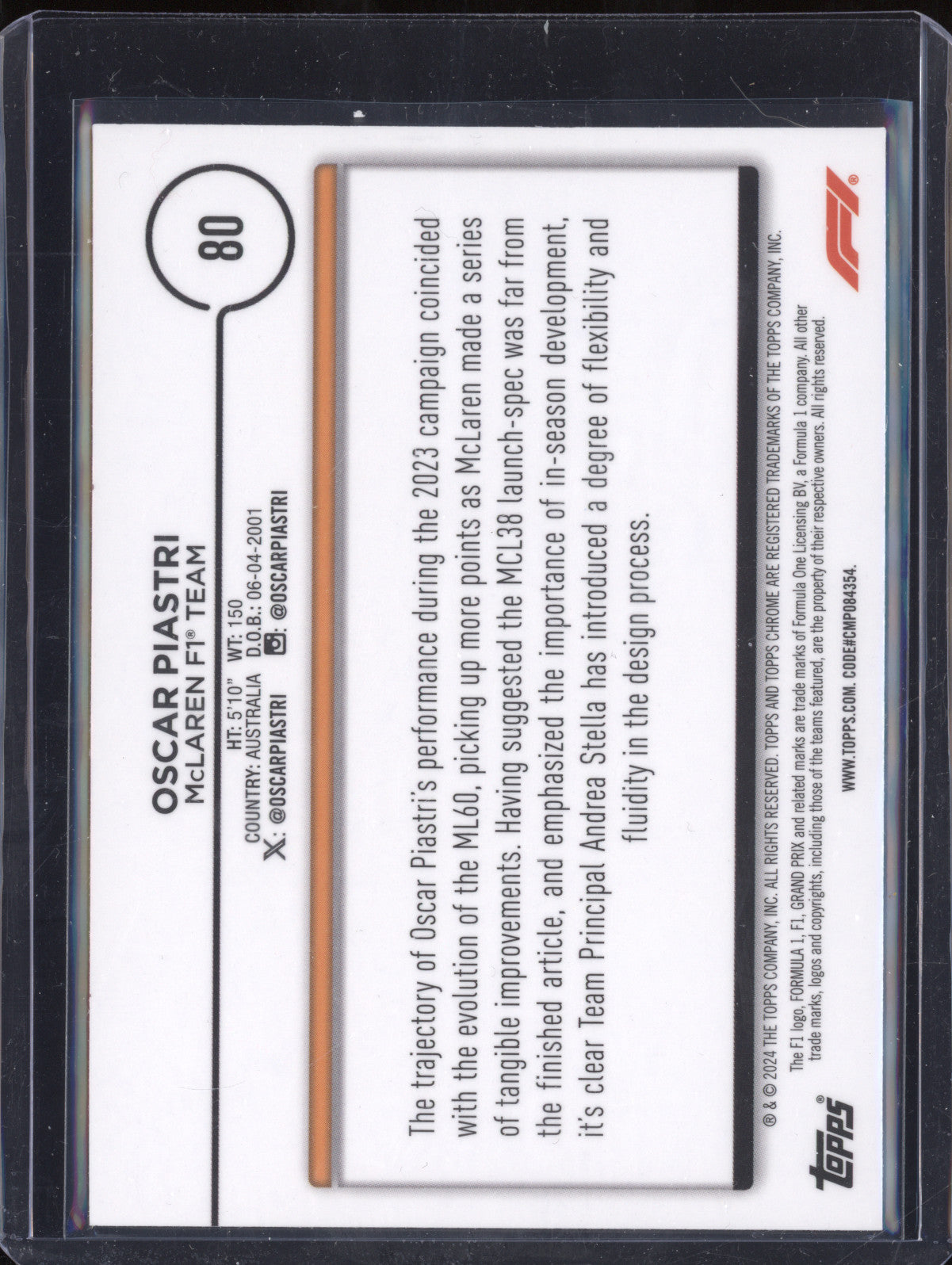 Oscar Piastri 2024 Topps Chrome 80 Fuchsia Lava Refractor RC 14/225