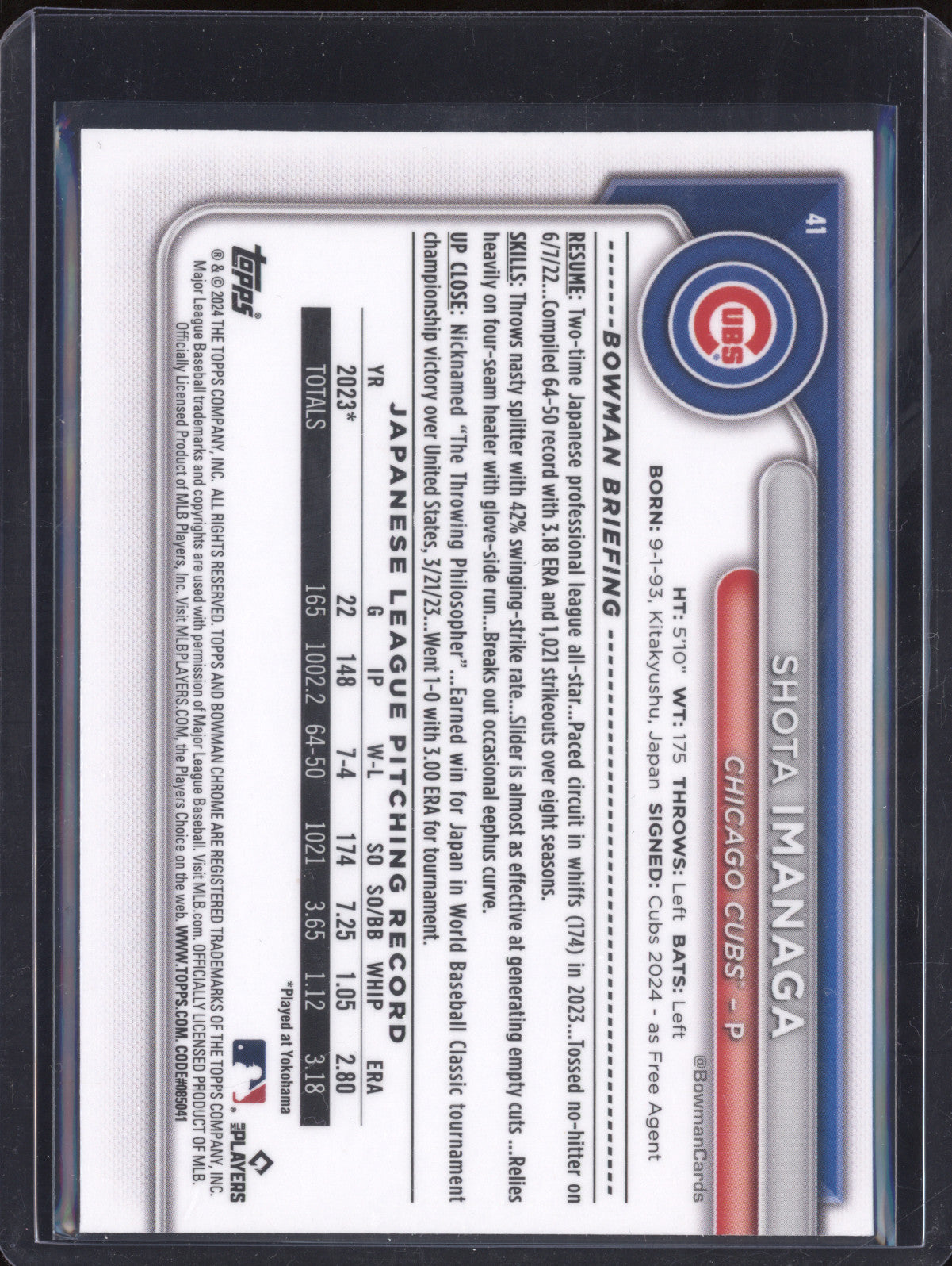 Shota Imanaga 2024 Bowman Chrome 41 Fuchsia Refractor RC 244/299