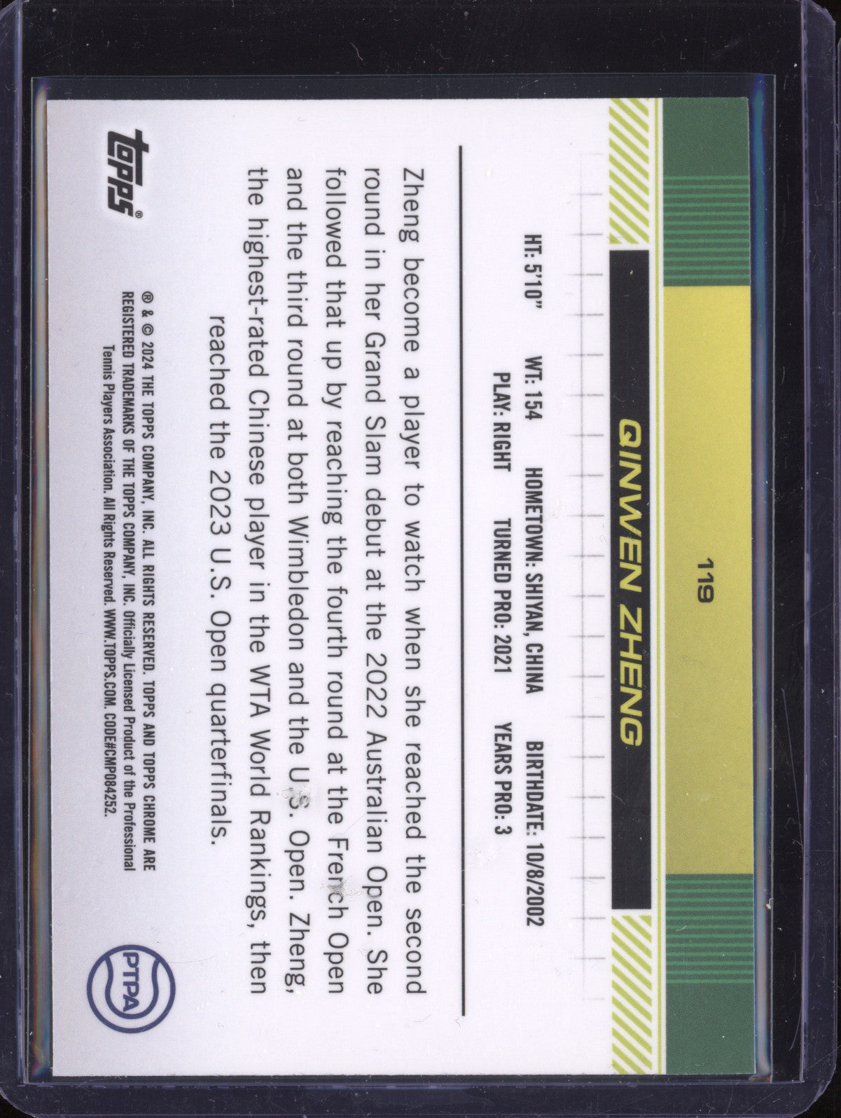 Qinwen Zheng 2024 Topps Chrome Tennis 119 Lime Green Refractor RC 286/299
