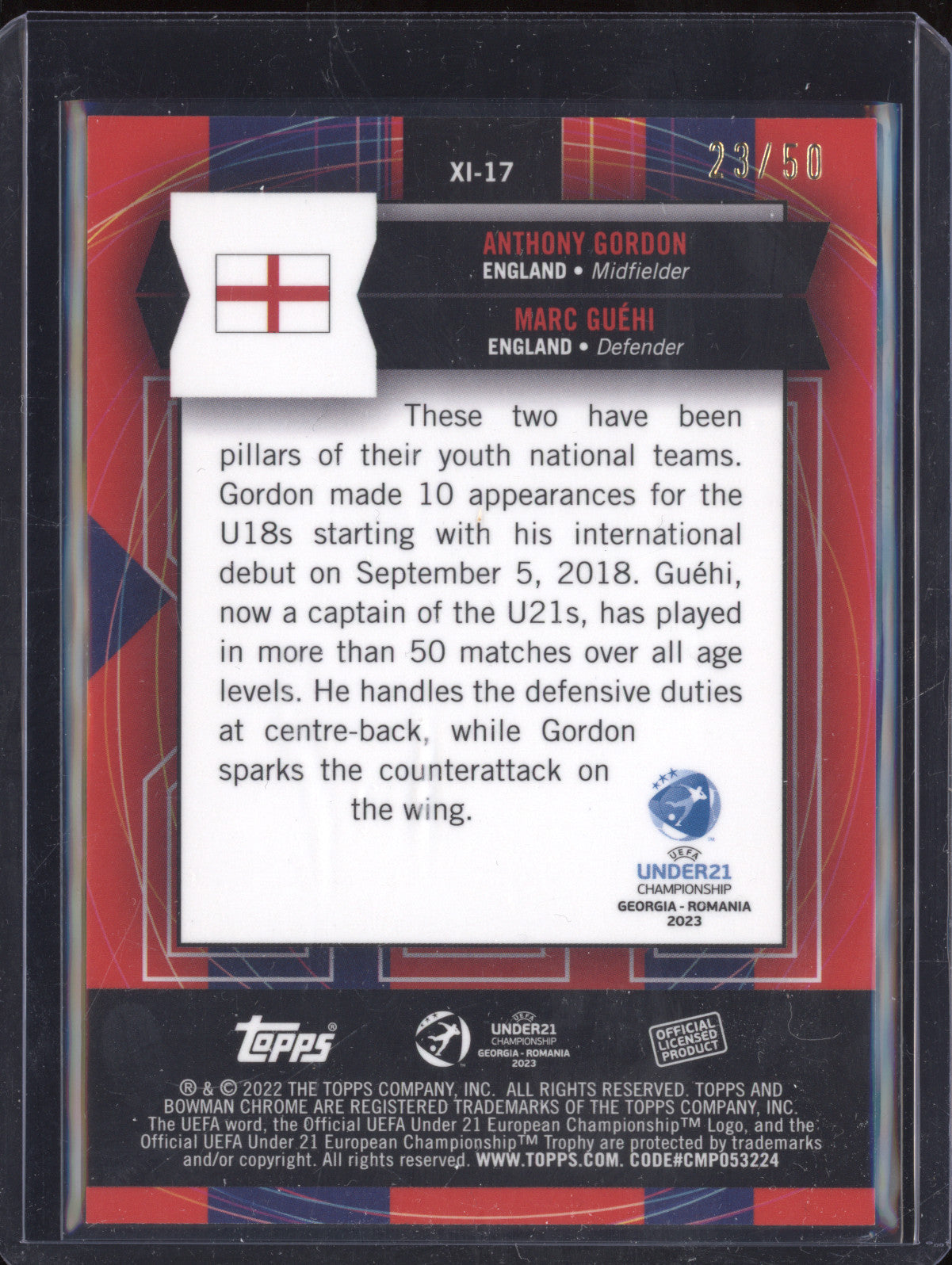 Gordon Guehi 2022 Bowman Chrome Under 21 Euro XI-17 Xinevitables Gold 23/25