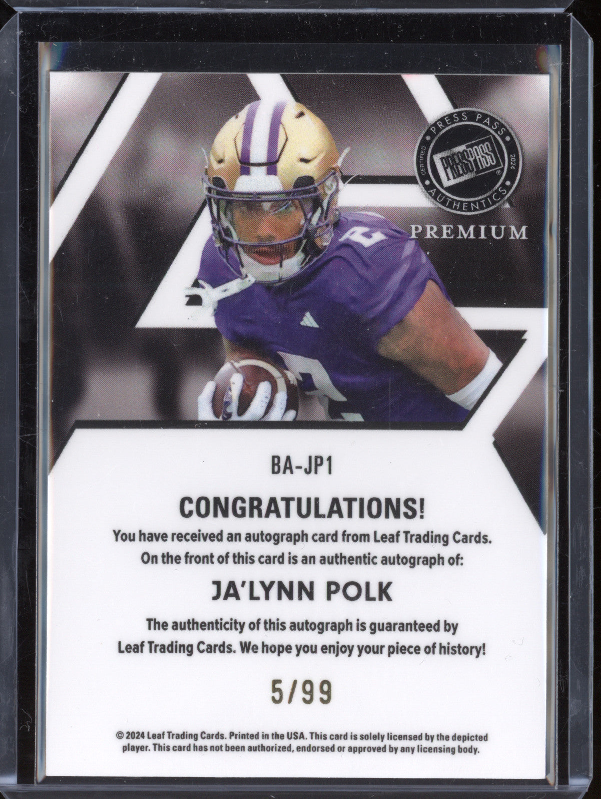 Ja'Lynn Polk 2024 Leaf Press Pass Premium BA-JP1 Autograph Brite Brite 5/99