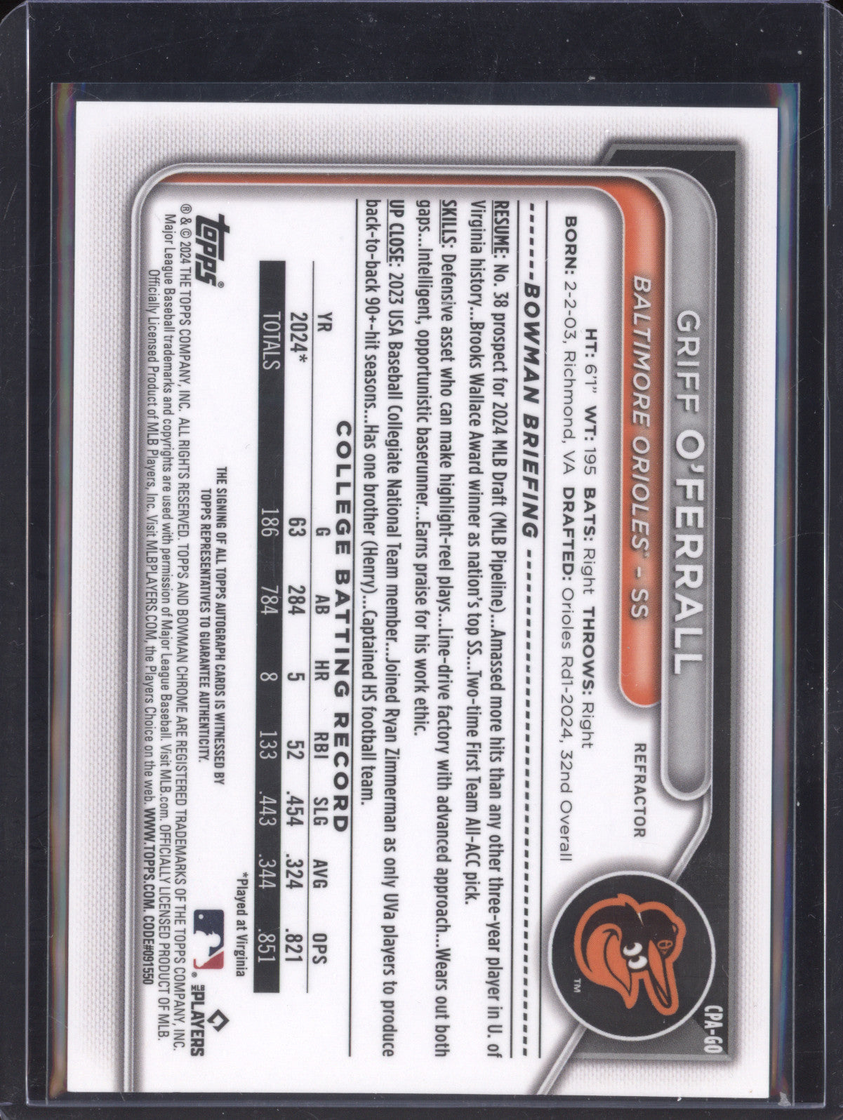 Griff O'Ferrall 2024 Bowman Draft CPA-GO 1st Prospect Auto Refractor RC 185/499