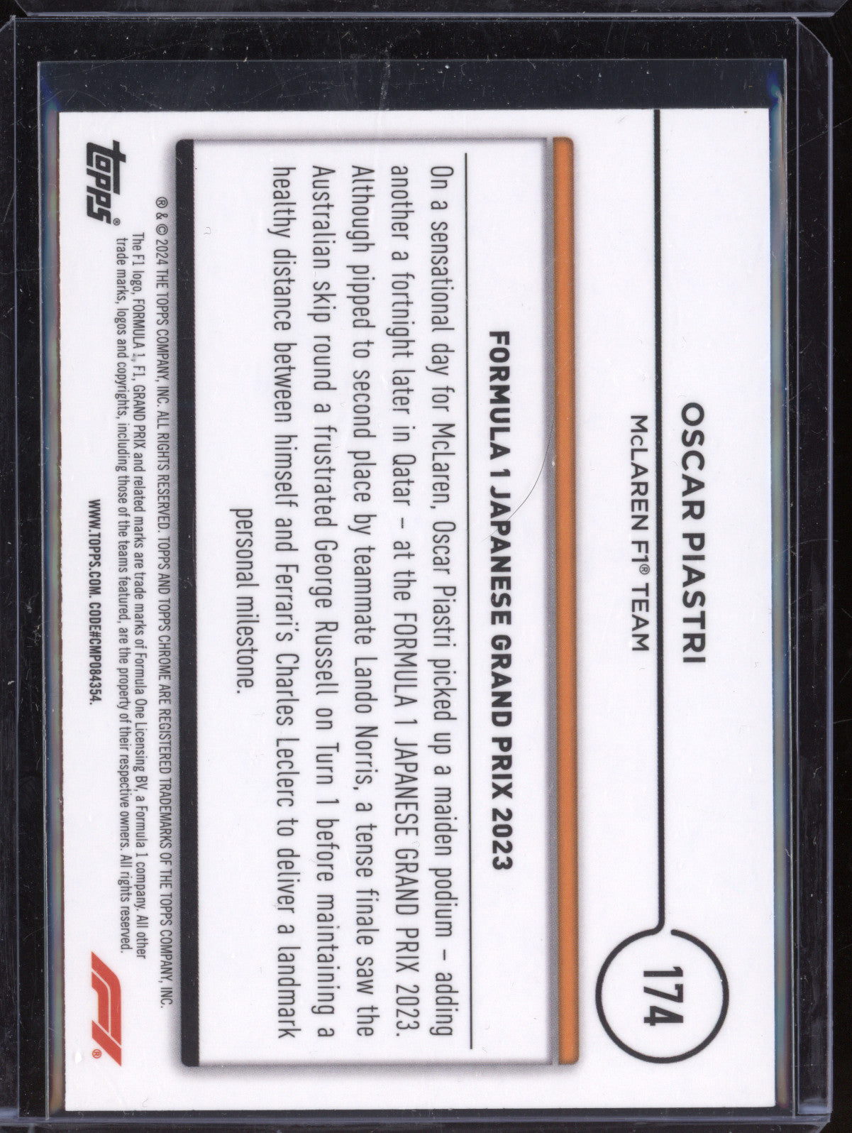 Oscar Piastri 2024 Topps Chrome 174 Pink Refractor RC 51/75