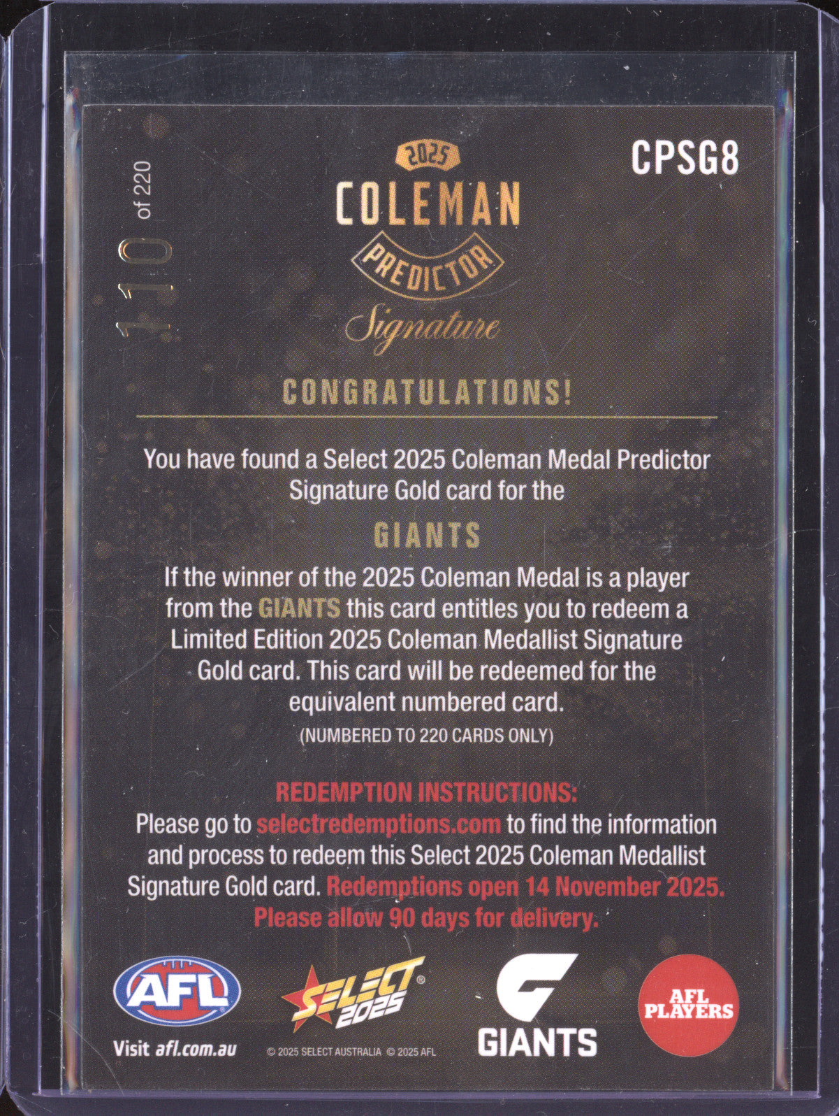 Greater Western Sydney 2025 Select Footy Stars Coleman Predictor Sig Gold /220