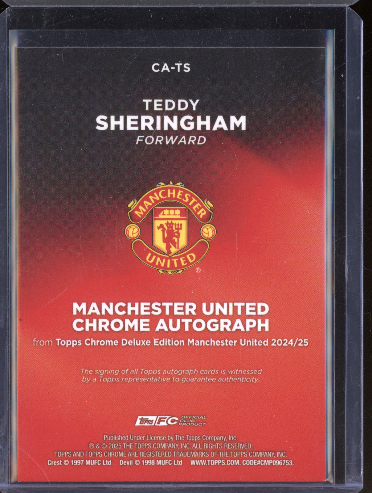 Teddy Sheringham 2024-25 Topps Chrome Man Utd CA-TS Auto Gold Refractor 28/50