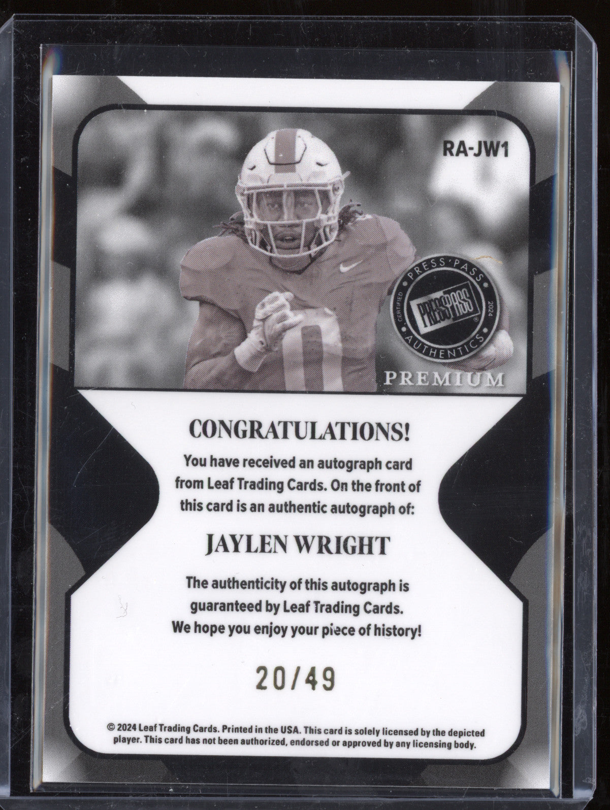 Jaylen Wright 2024 Leaf Press Pass Premium RA-JW1 Retro Auto Brite Brite 20/49