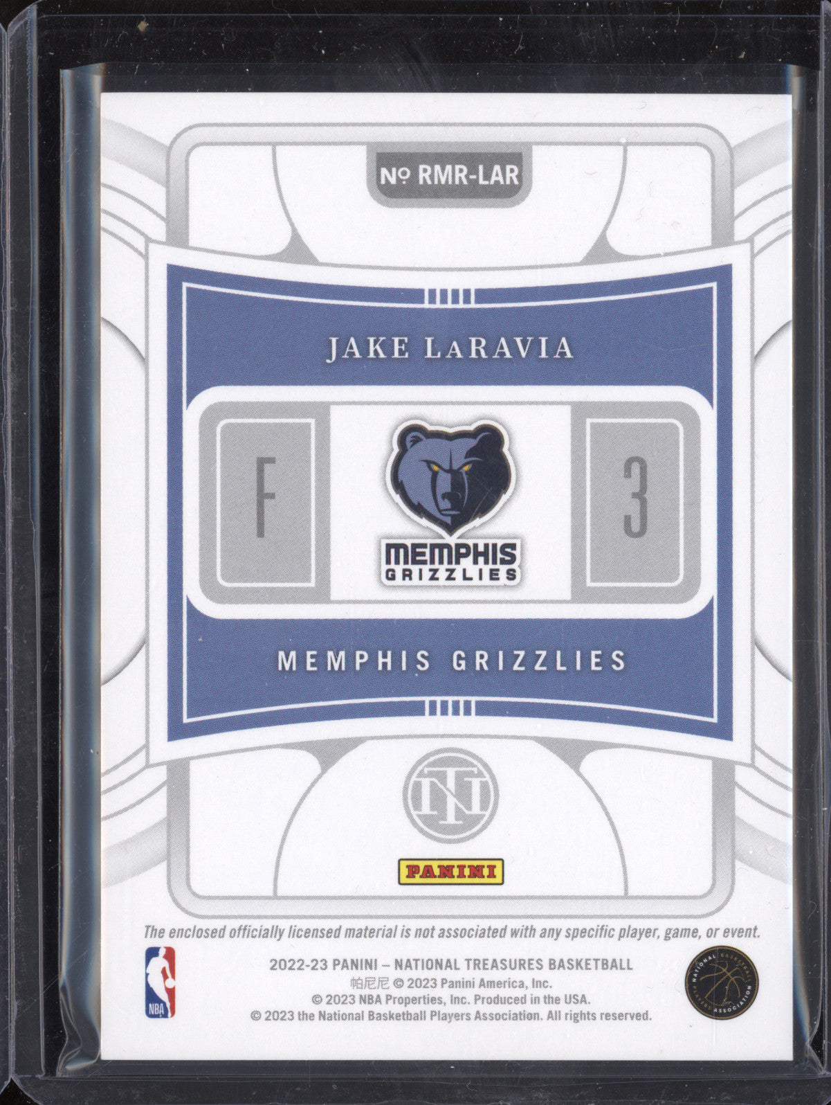 Jake LaRavia 2022-23 Panini NT RMR-LAR Rookie Materials Prime RC 22/25