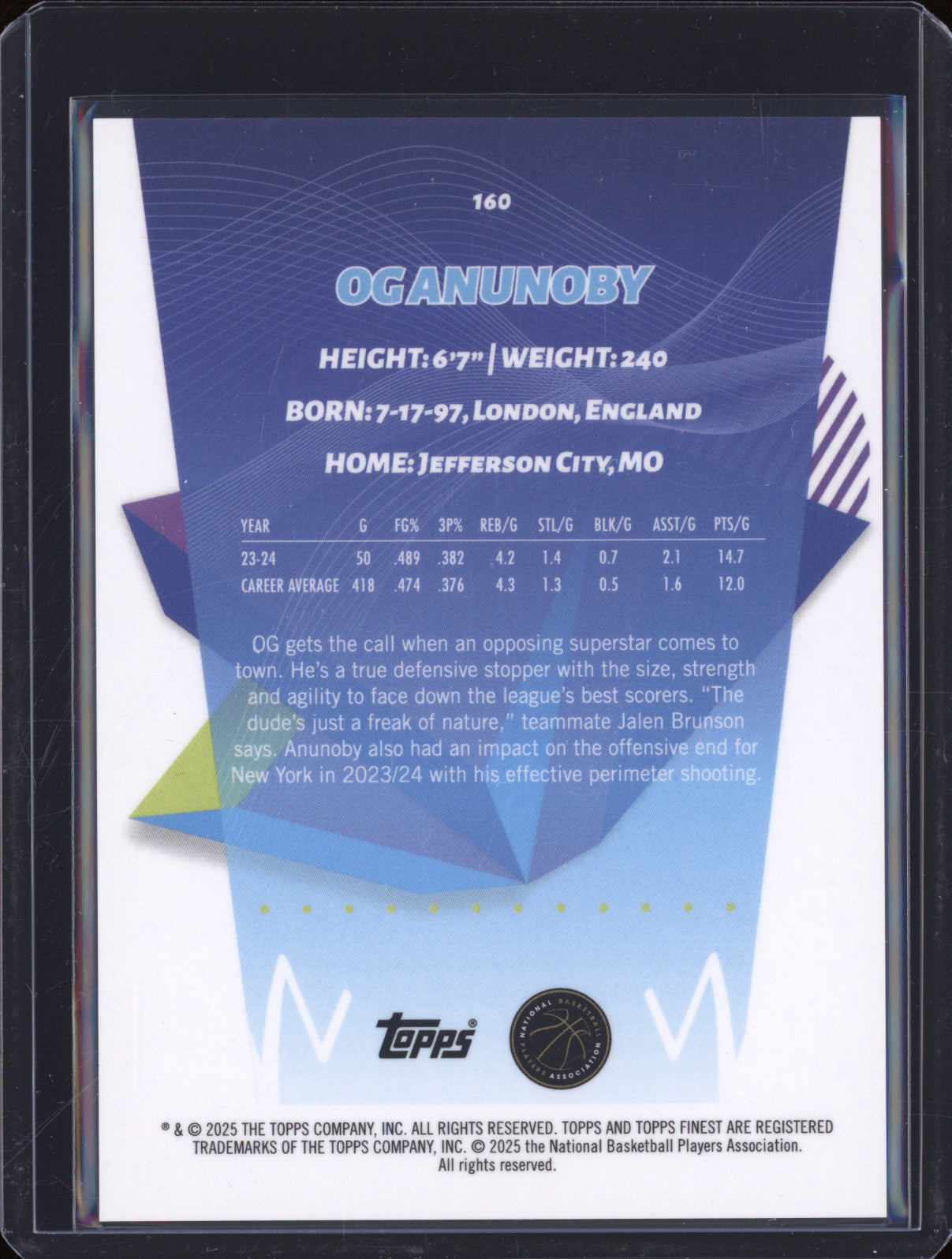 OG Anunoby 2024-25 Topps Finest 160 Gold Refractor 22/25