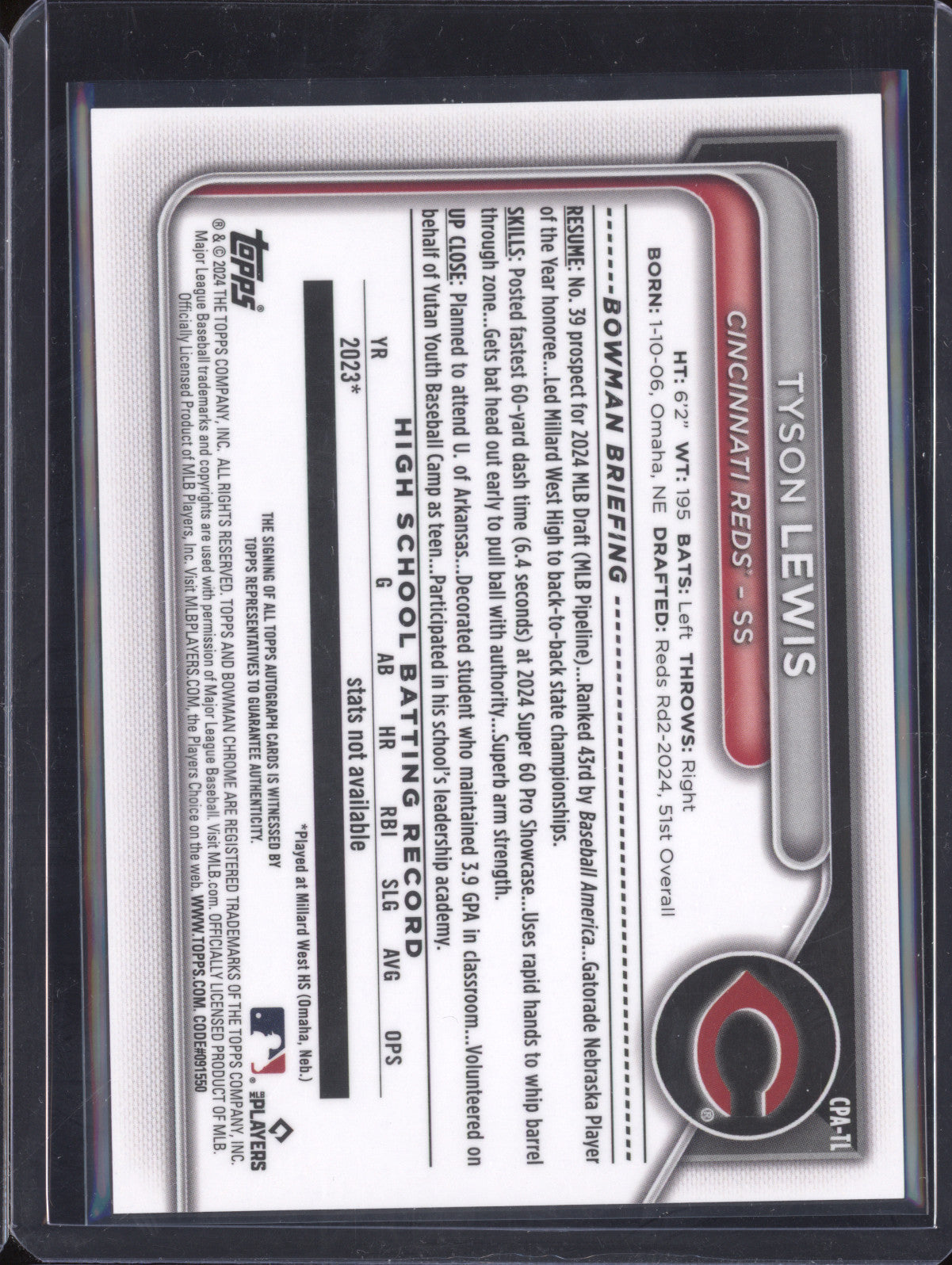 Tyson Lewis 2024 Bowman Draft CPA-TL 1st Prospect Auto RC