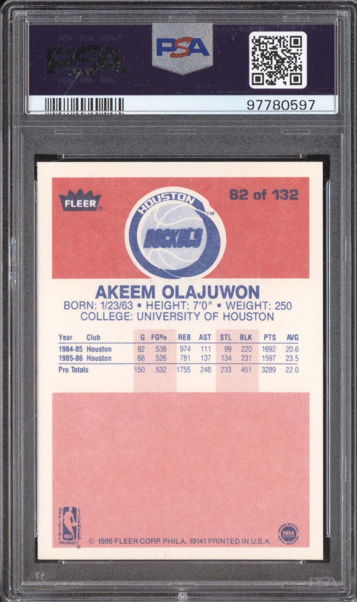 1986 Fleer Basketball 82 Akeem Olajuwon RC PSA 8.5