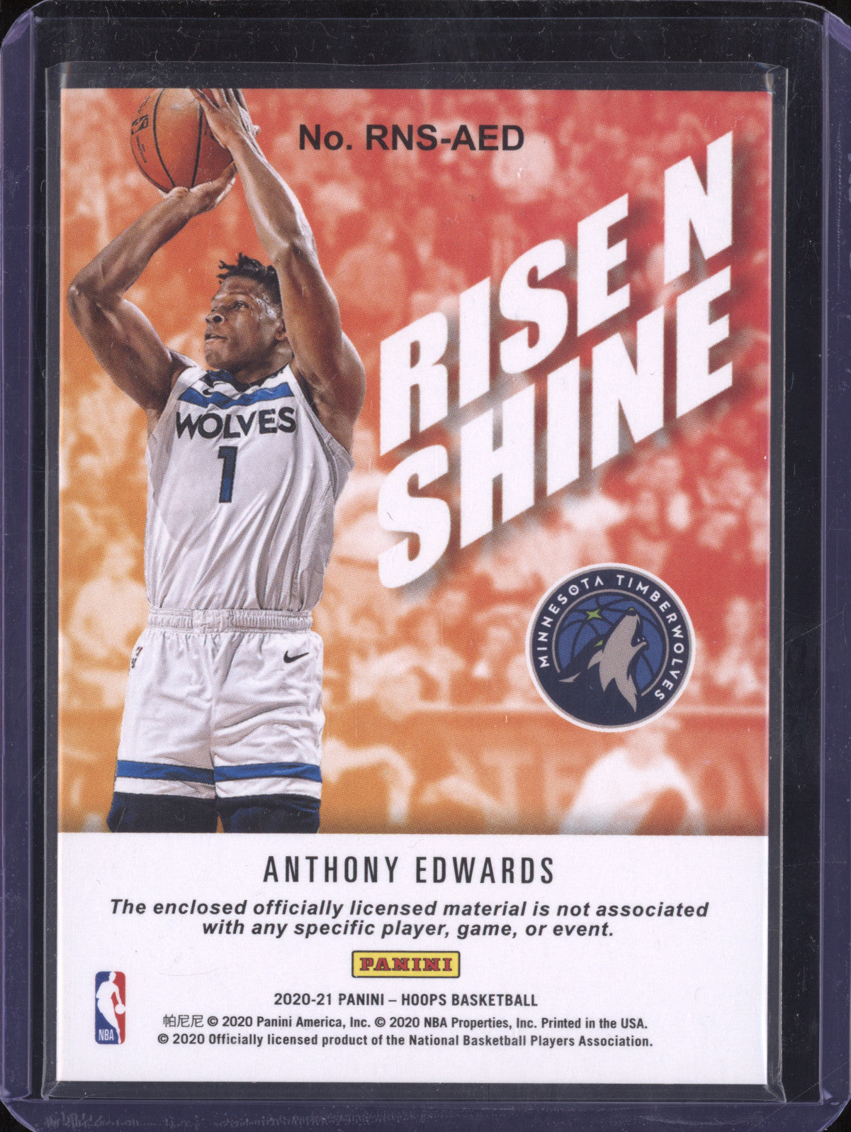 Anthony Edwards 2020-21 Panini Hoops RNS-AED Rise N Shine Jersey RC