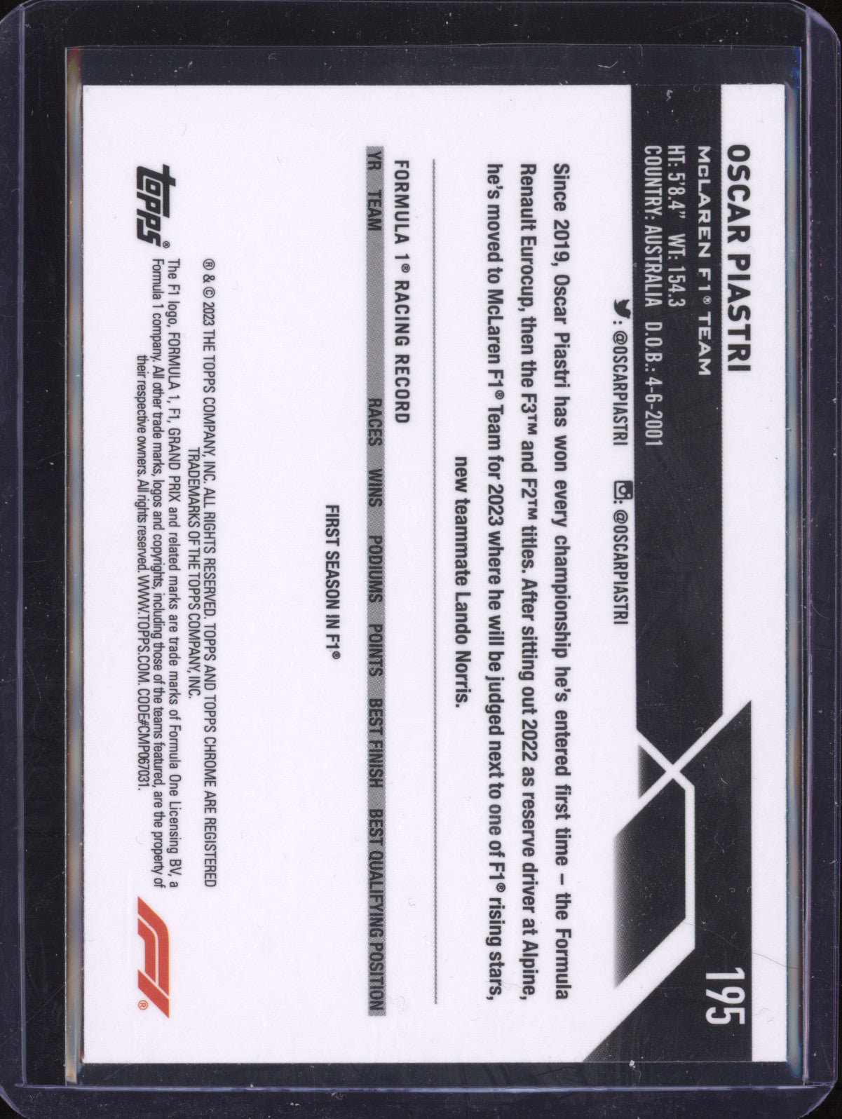 Oscar Piastri 2023 Topps Chrome F1 195 RC